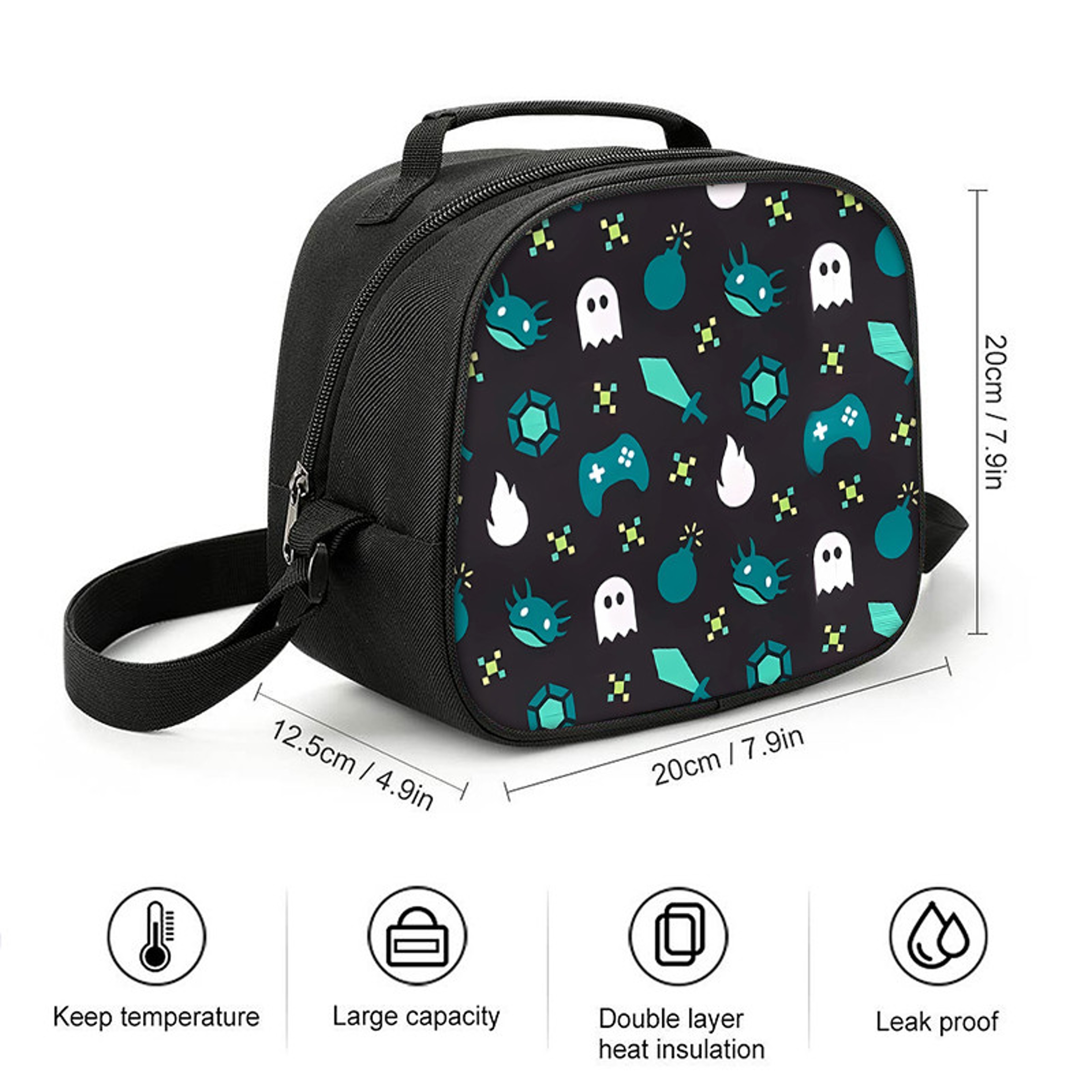 Game Print Circular Insulated Lunch Bag with Shoulder Strap Portable Cooler Tote – view 2