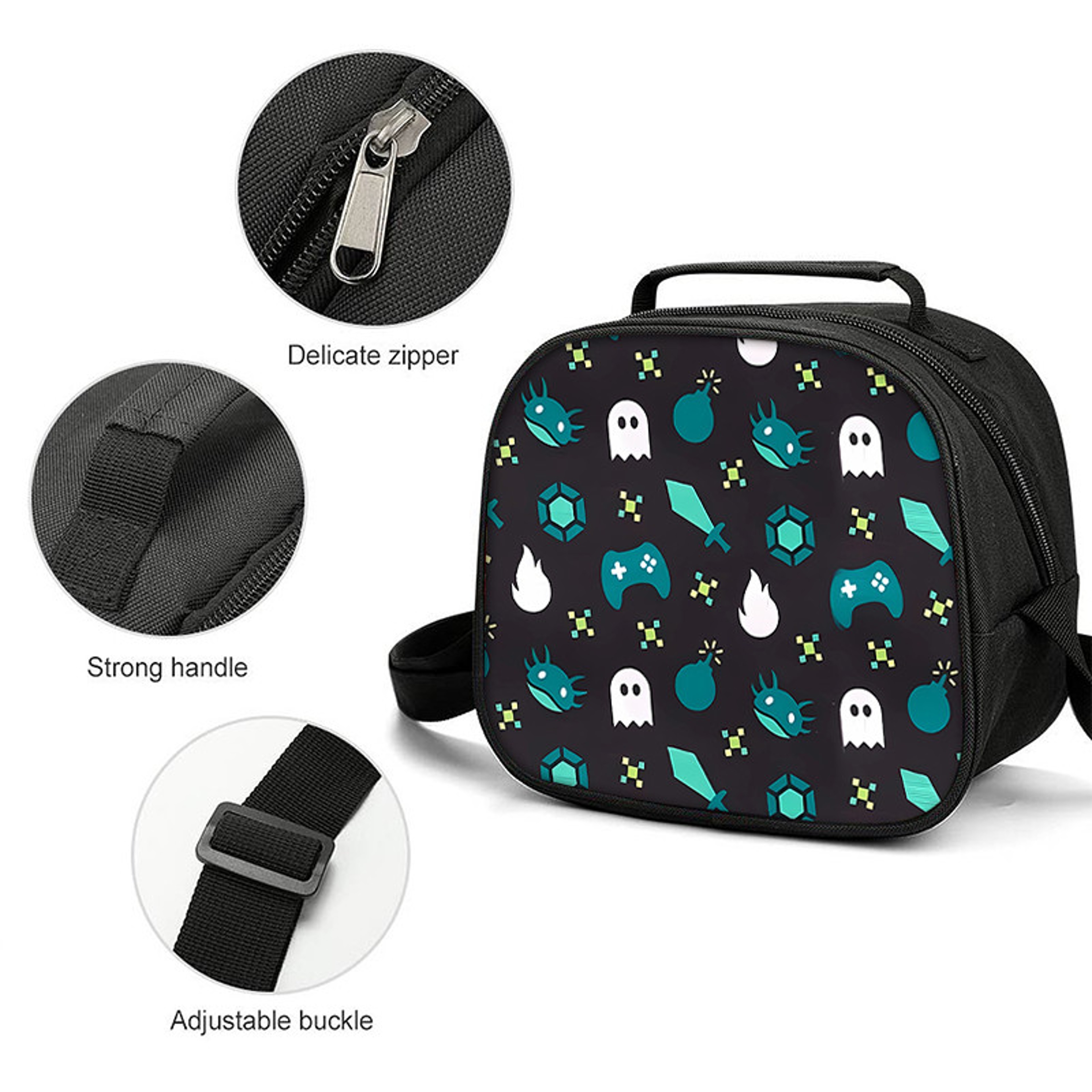 Game Print Circular Insulated Lunch Bag with Shoulder Strap Portable Cooler Tote – view 3