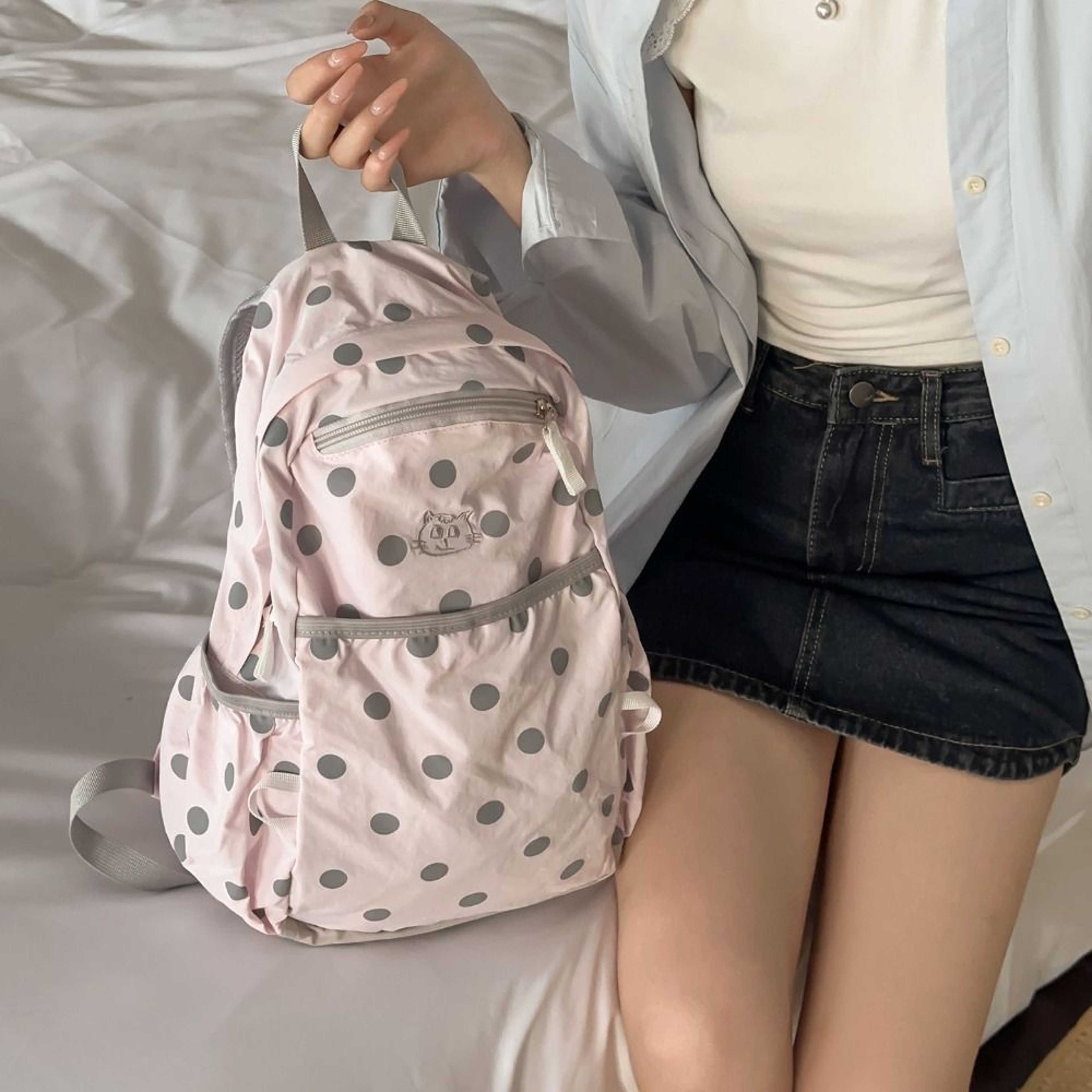 Sweet Polka Dot Cat Backpack Light Weight Large Capacity School Rucksack 2