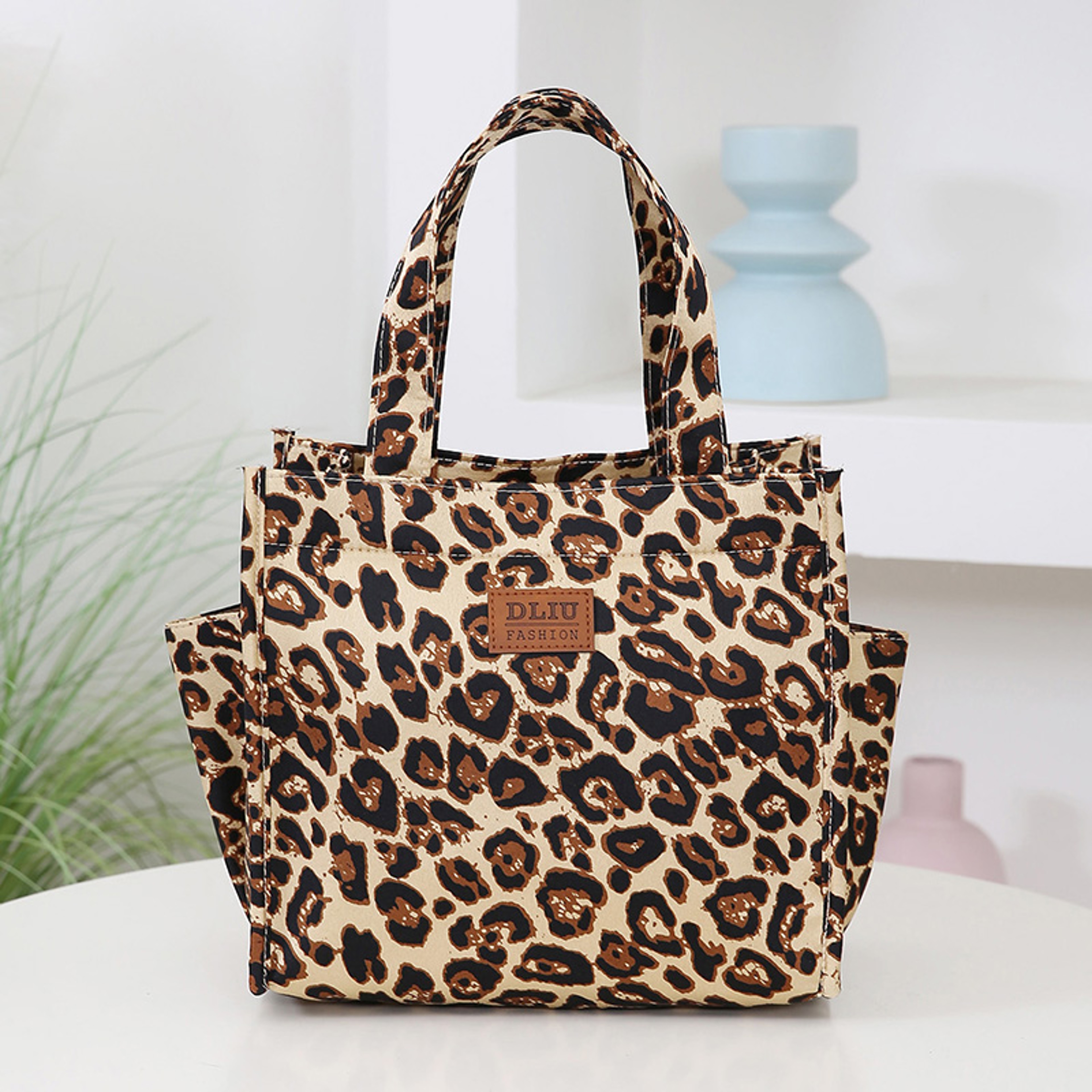 Retro Leopard Print Large Capacity Lunch Tote Bag With Storage Pouch 0