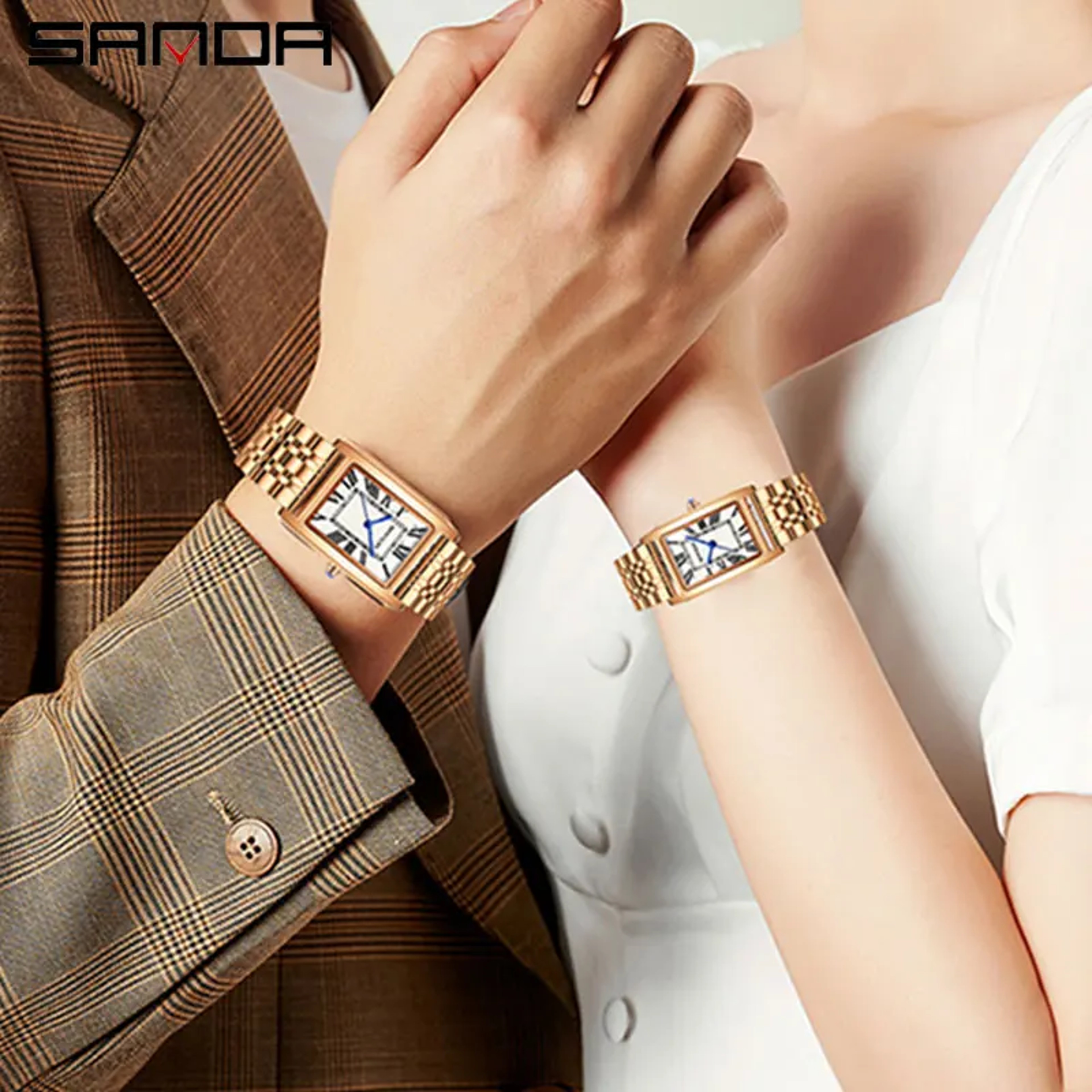 Rectangular Couple Watch Water Proof Quartz Stainless Steel Dress Watch 3