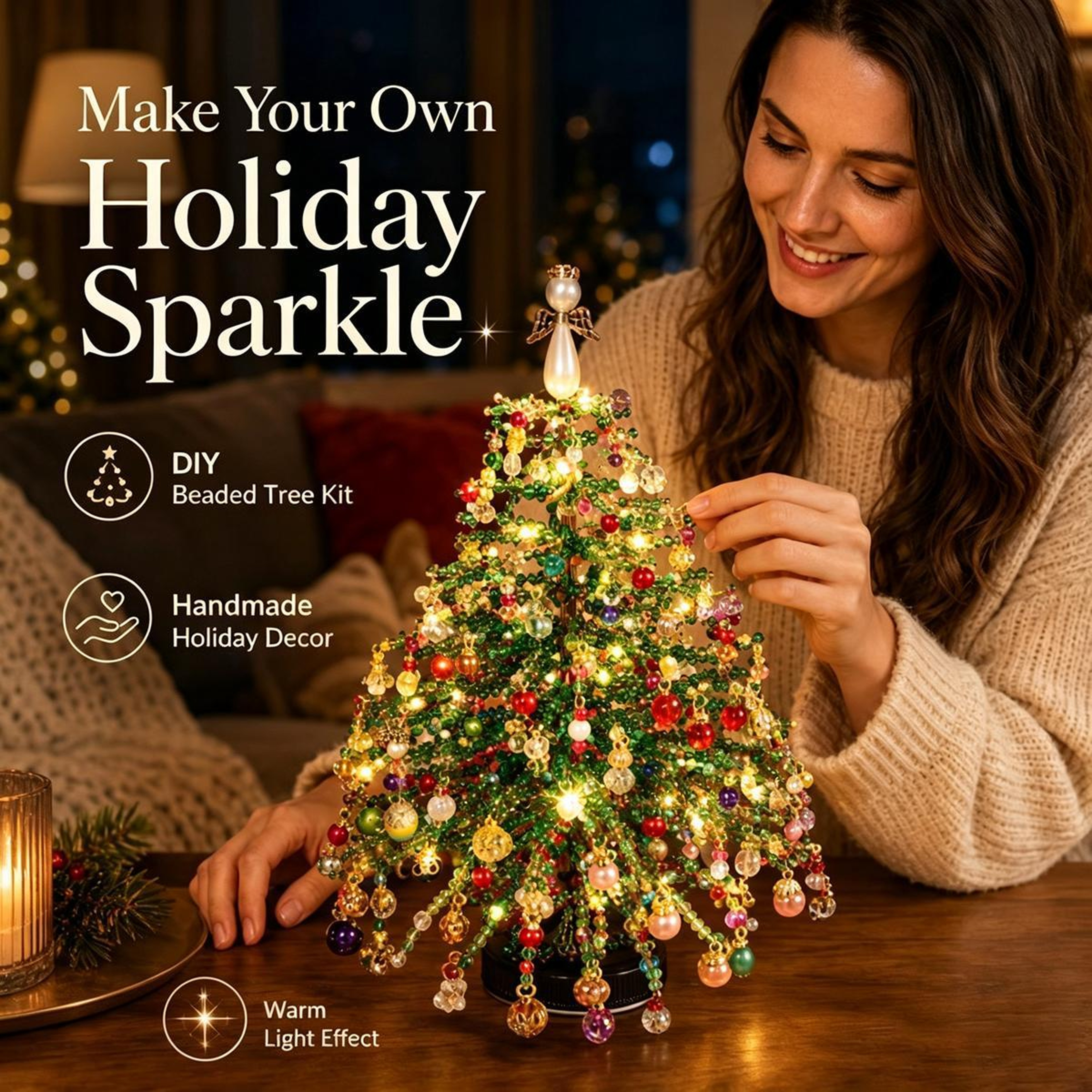 DIY Beaded Christmas Tree Kit with Fairy Lights and Colorful Ornaments – view 5