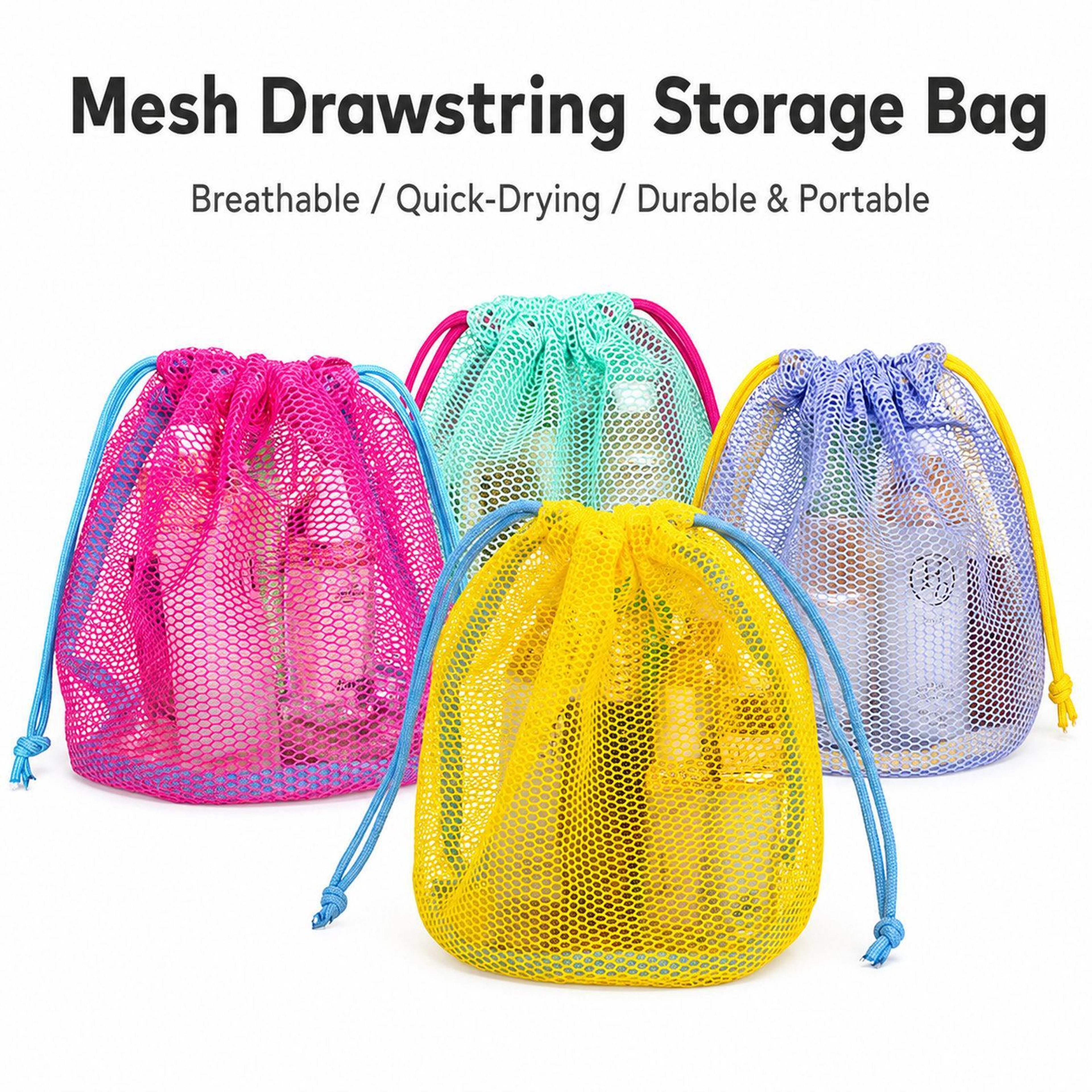 Mesh Drawstring Storage Bag Breathable Blue Travel Toiletry Pouch for Beach and Swim Gear – view 3