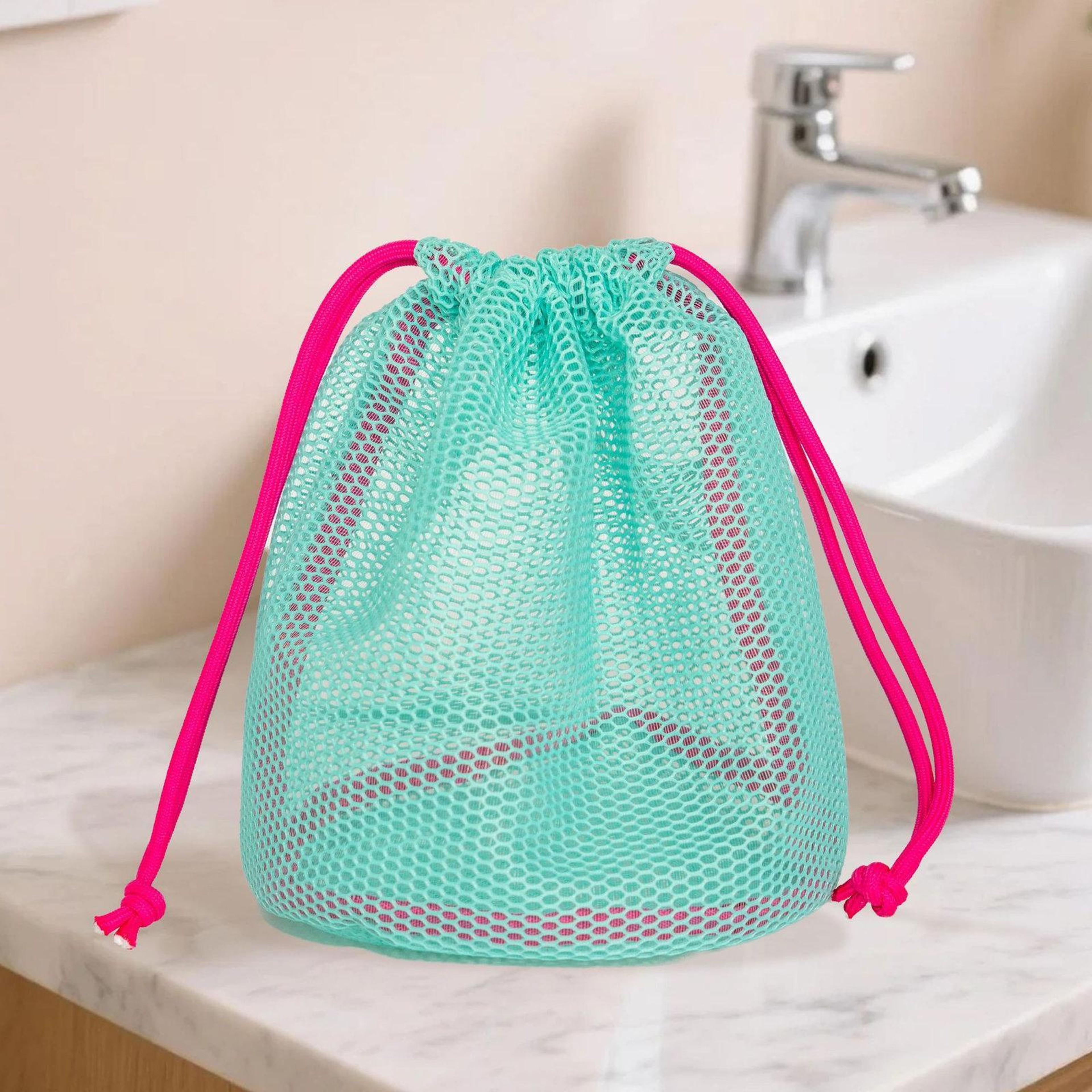 Mesh Drawstring Storage Bag Breathable Blue Travel Toiletry Pouch for Beach and Swim Gear – view 8