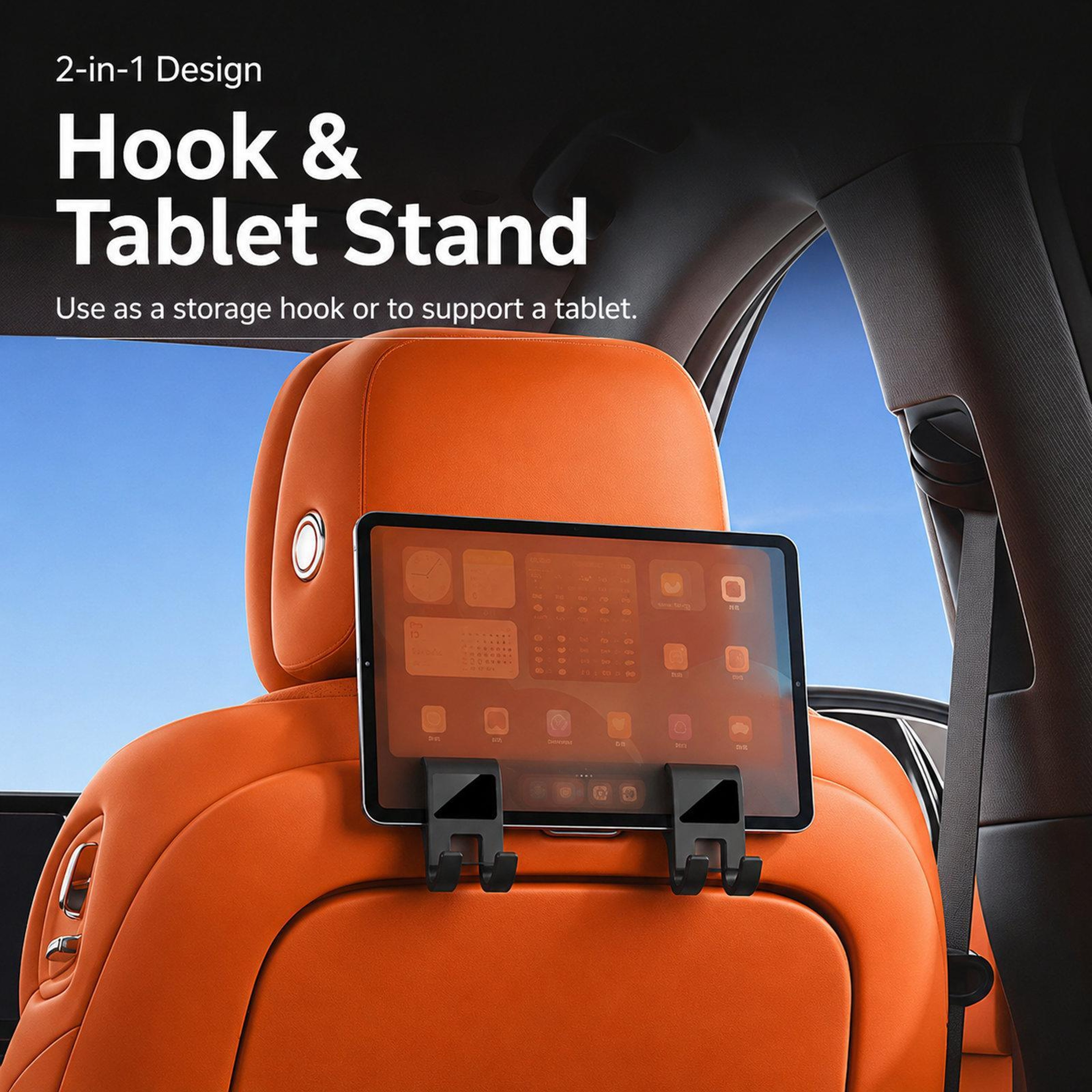 2 Pack Car Headrest Hooks with 360 Rotating Tablet Holder and Backseat Organizer – view 4