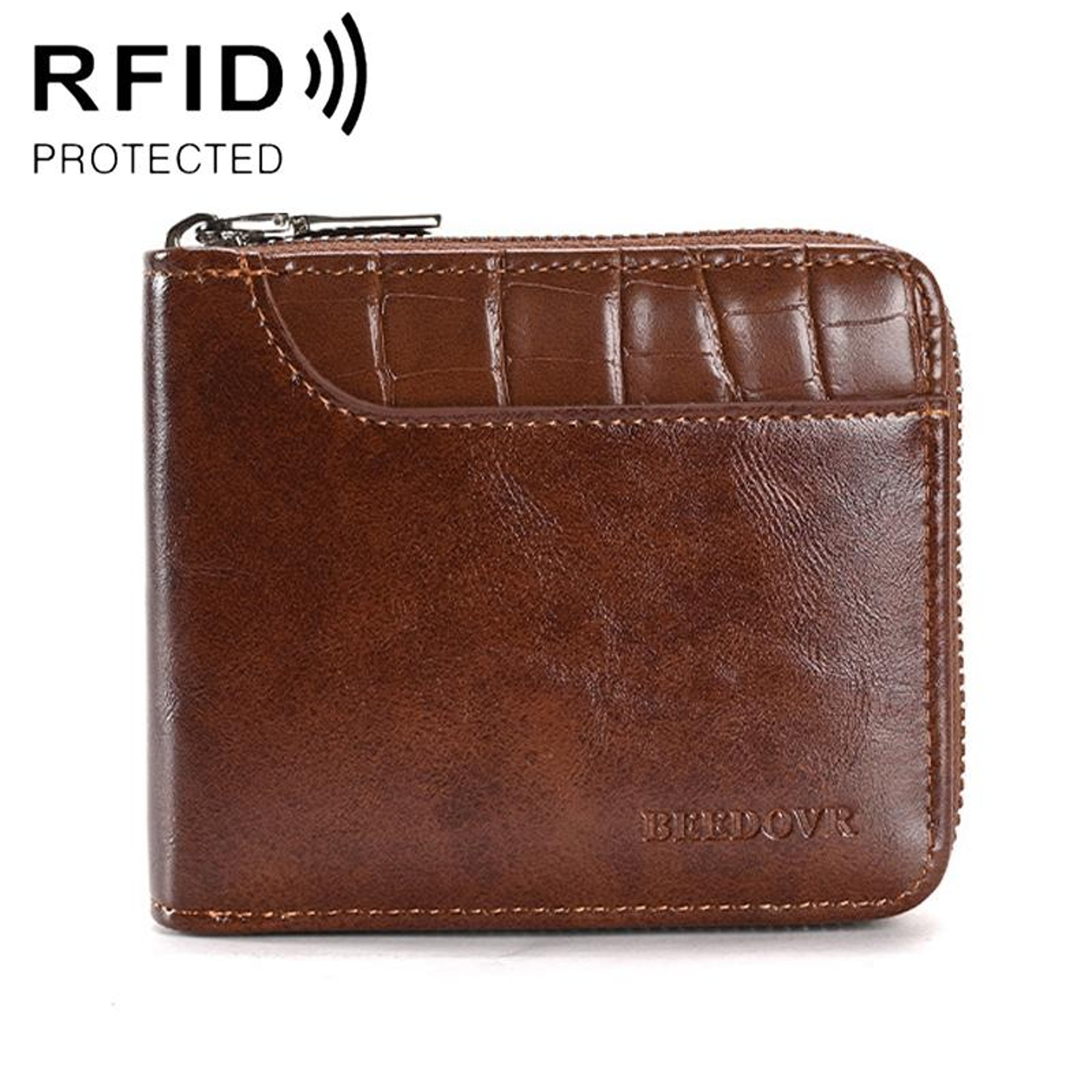 Mens RFID Blocking Wallet with Zipper Closure in Brown – view 1