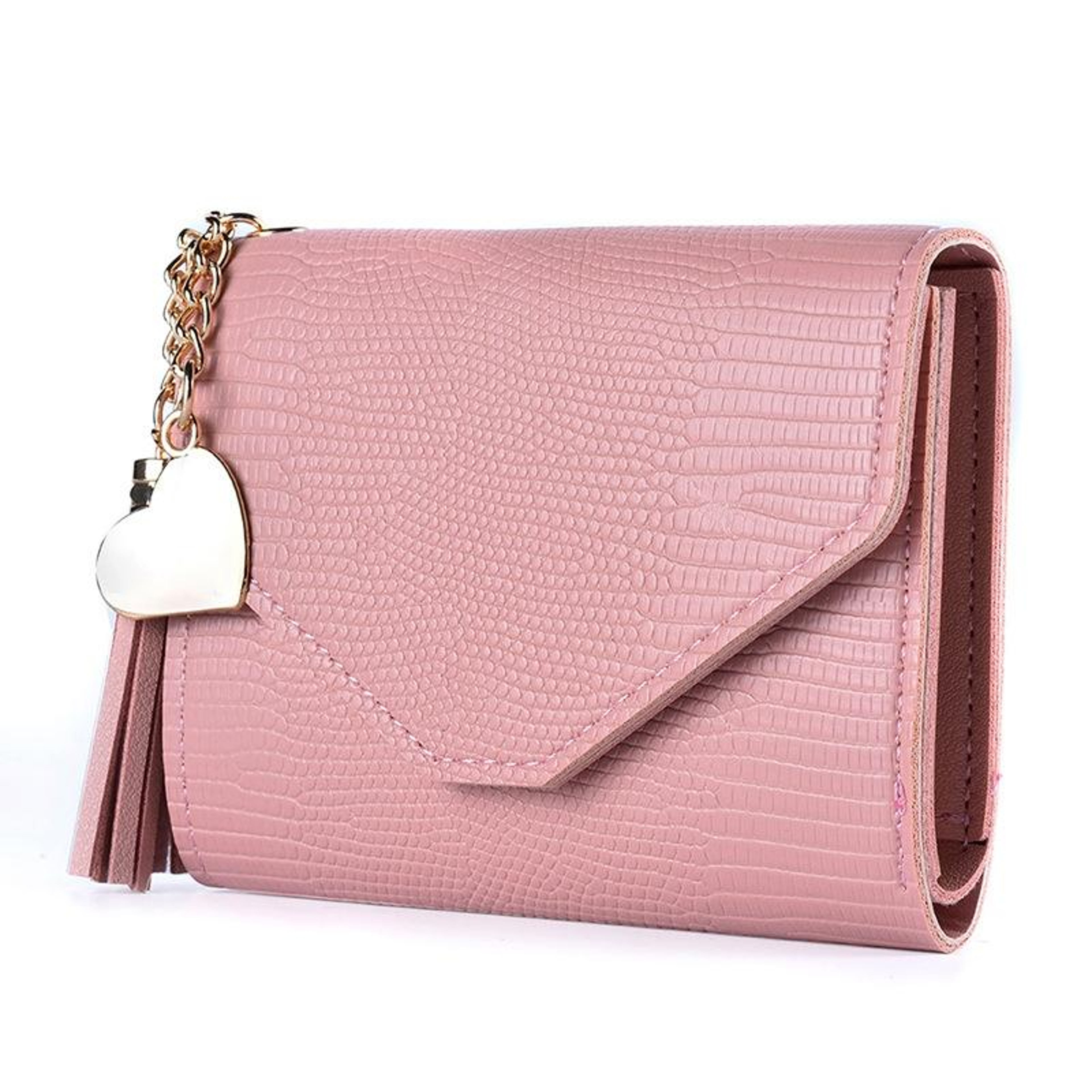 Womens Pink Crocodile Pattern Trifold Wallet with Tassel and Card Holder – view 9