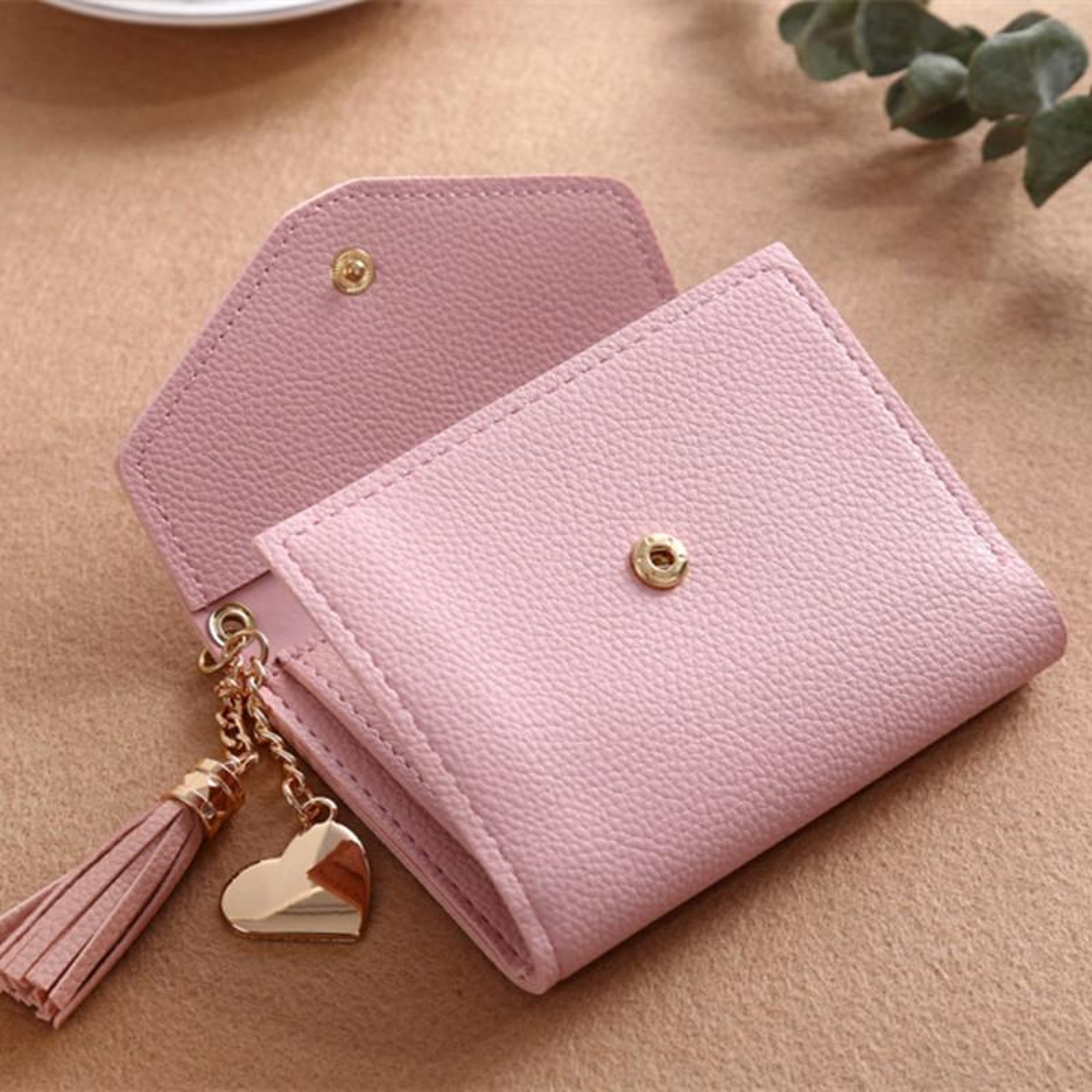 Womens Pink Fringed Wallet with Litchi Texture and Pendant Detail – view 5