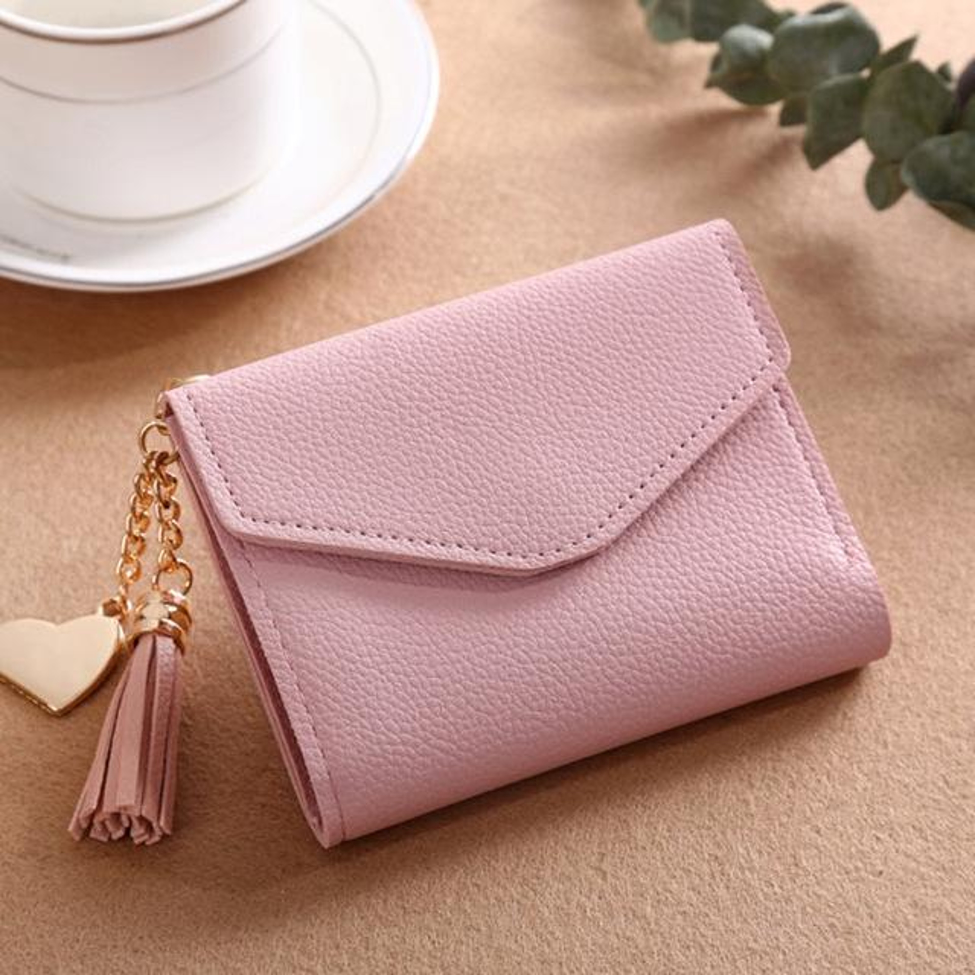 Womens Pink Fringed Wallet with Litchi Texture and Pendant Detail – view 10