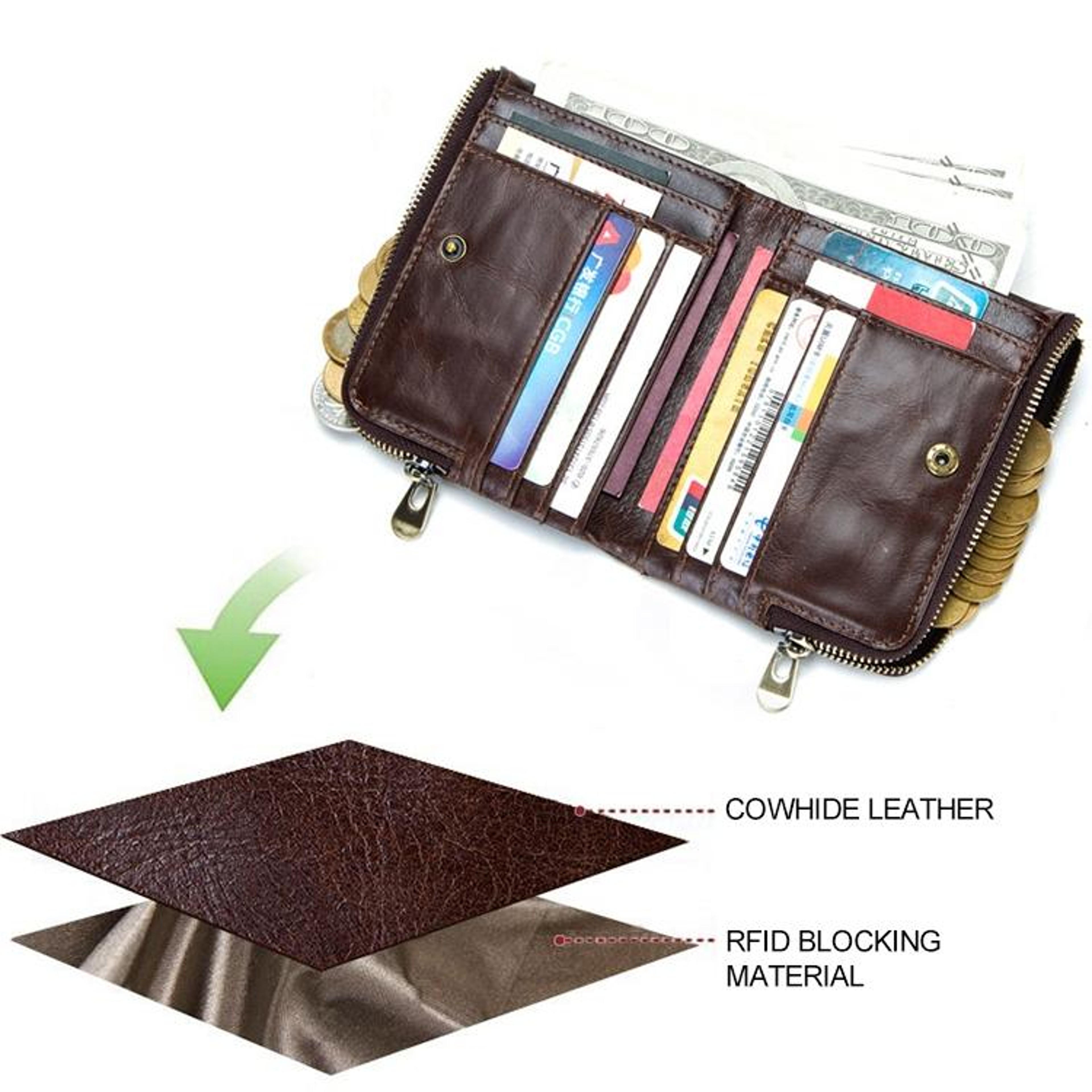 Mens RFID Leather Wallet with Crazy Horse Texture and Zipper Compartments Blue – view 10