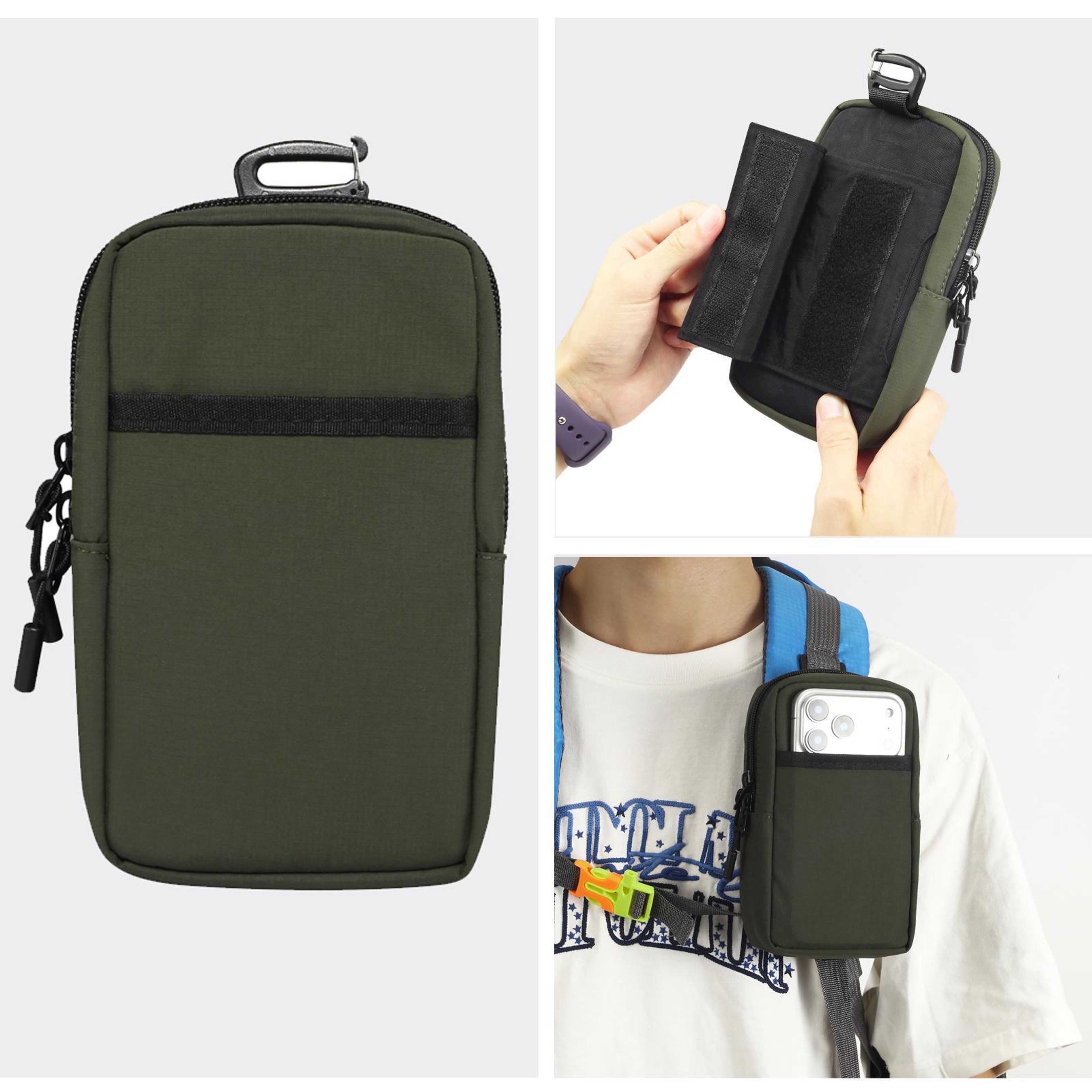 Nylon Portable Phone Pouch with Backpack Strap Attachment Light Green – view 1