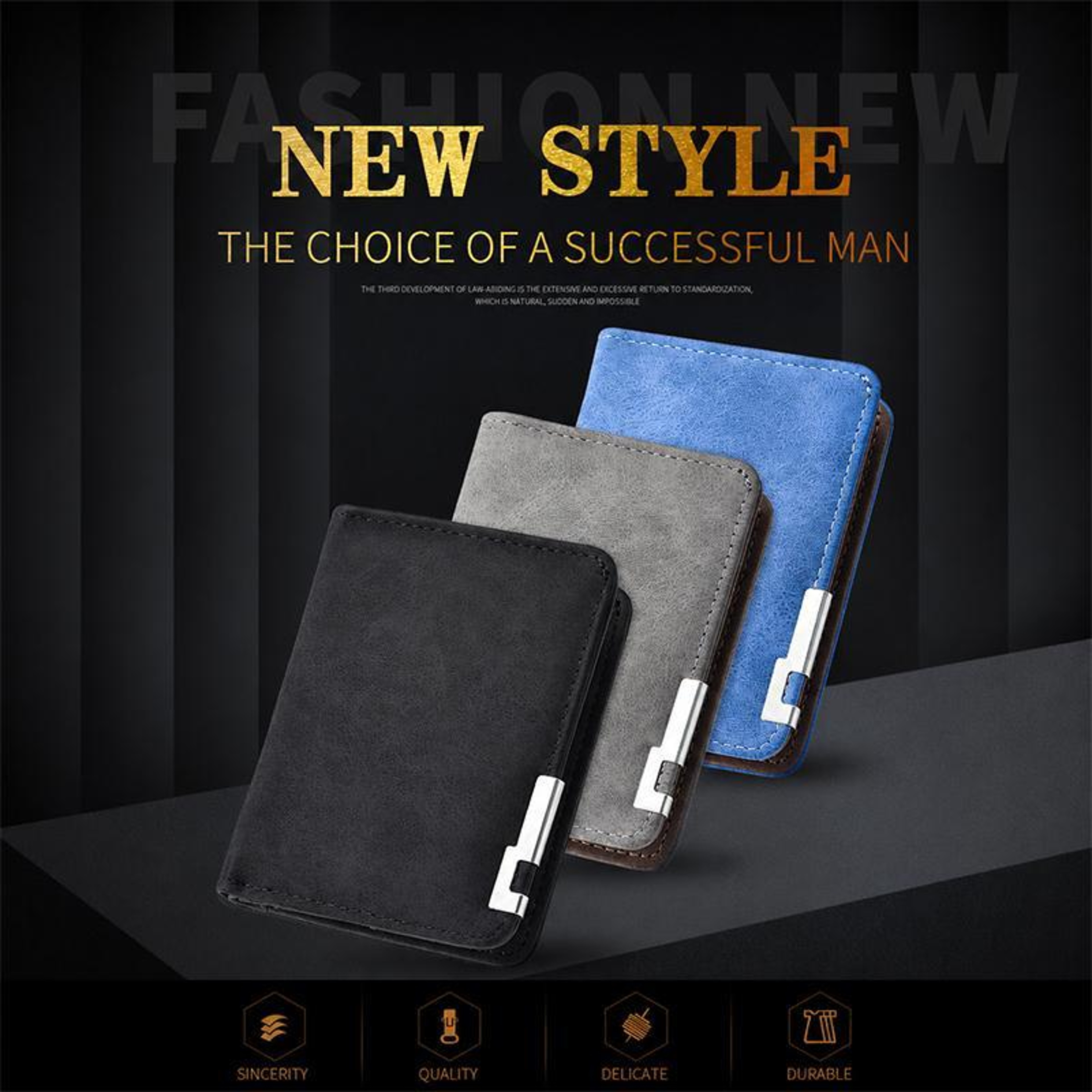 Retro Mens Blue Frosted PU Leather Bifold Wallet with Card Slots and ID Window – view 3