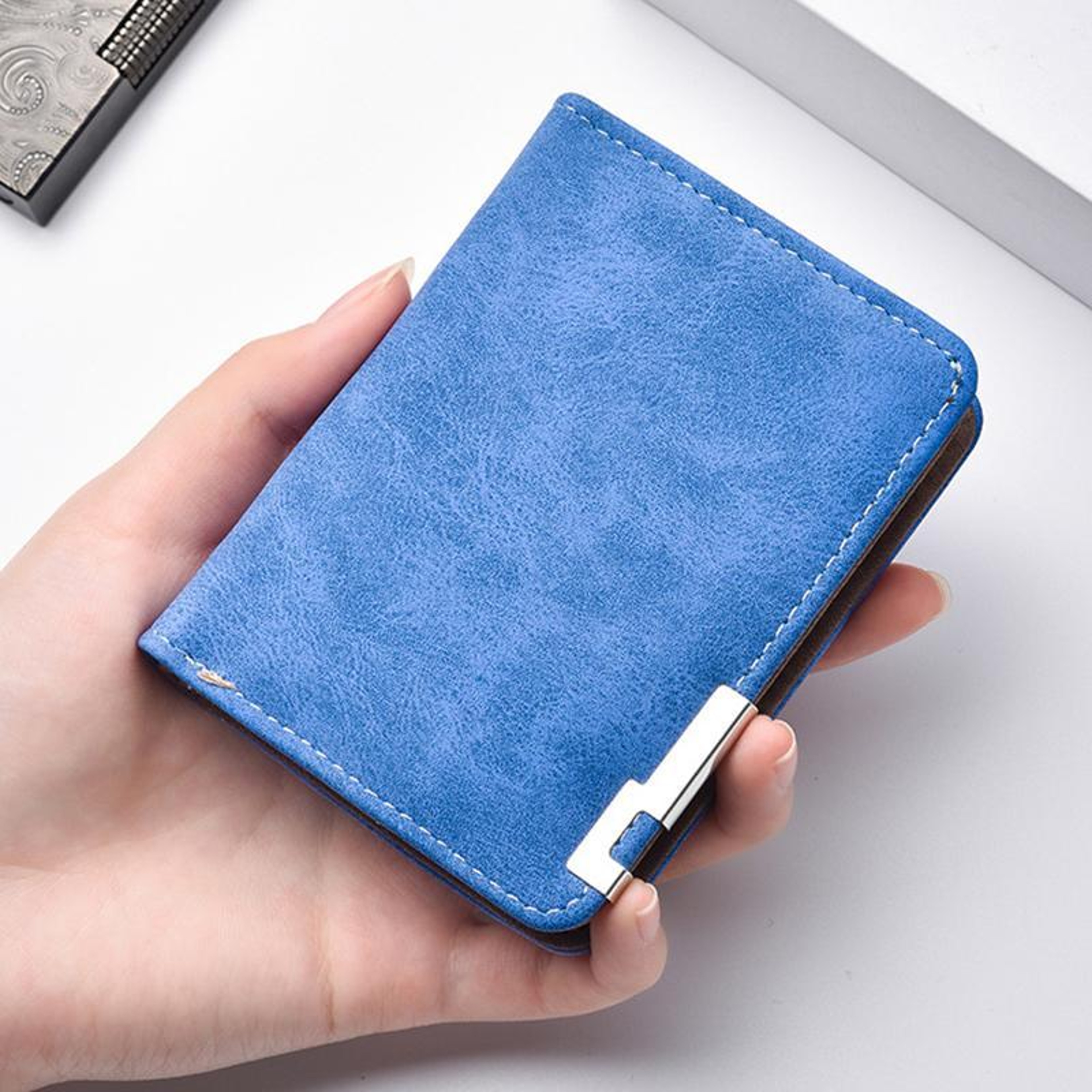 Retro Mens Blue Frosted PU Leather Bifold Wallet with Card Slots and ID Window – view 9