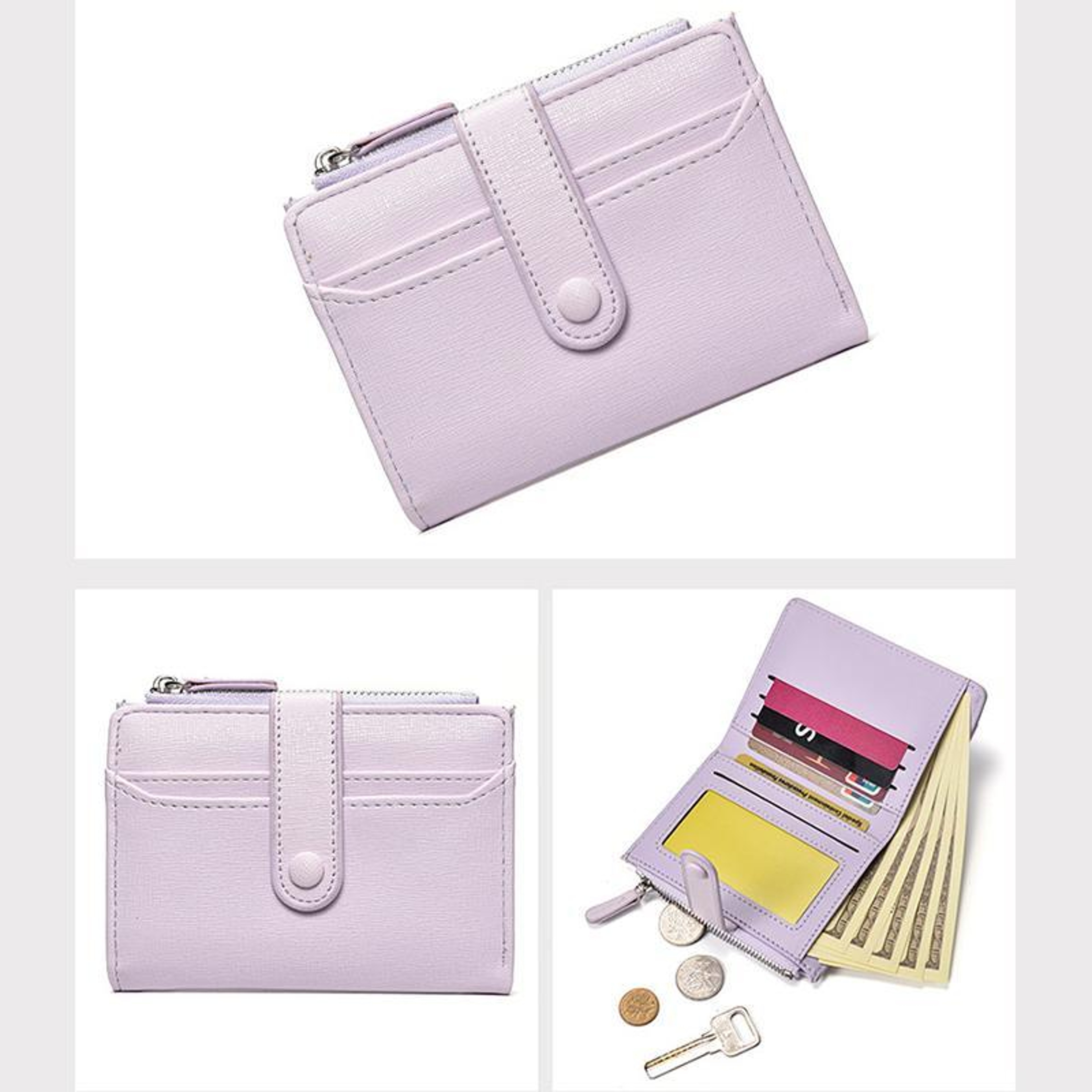 Womens Compact Bifold Card Wallet with Lychee Texture Light Purple – view 2