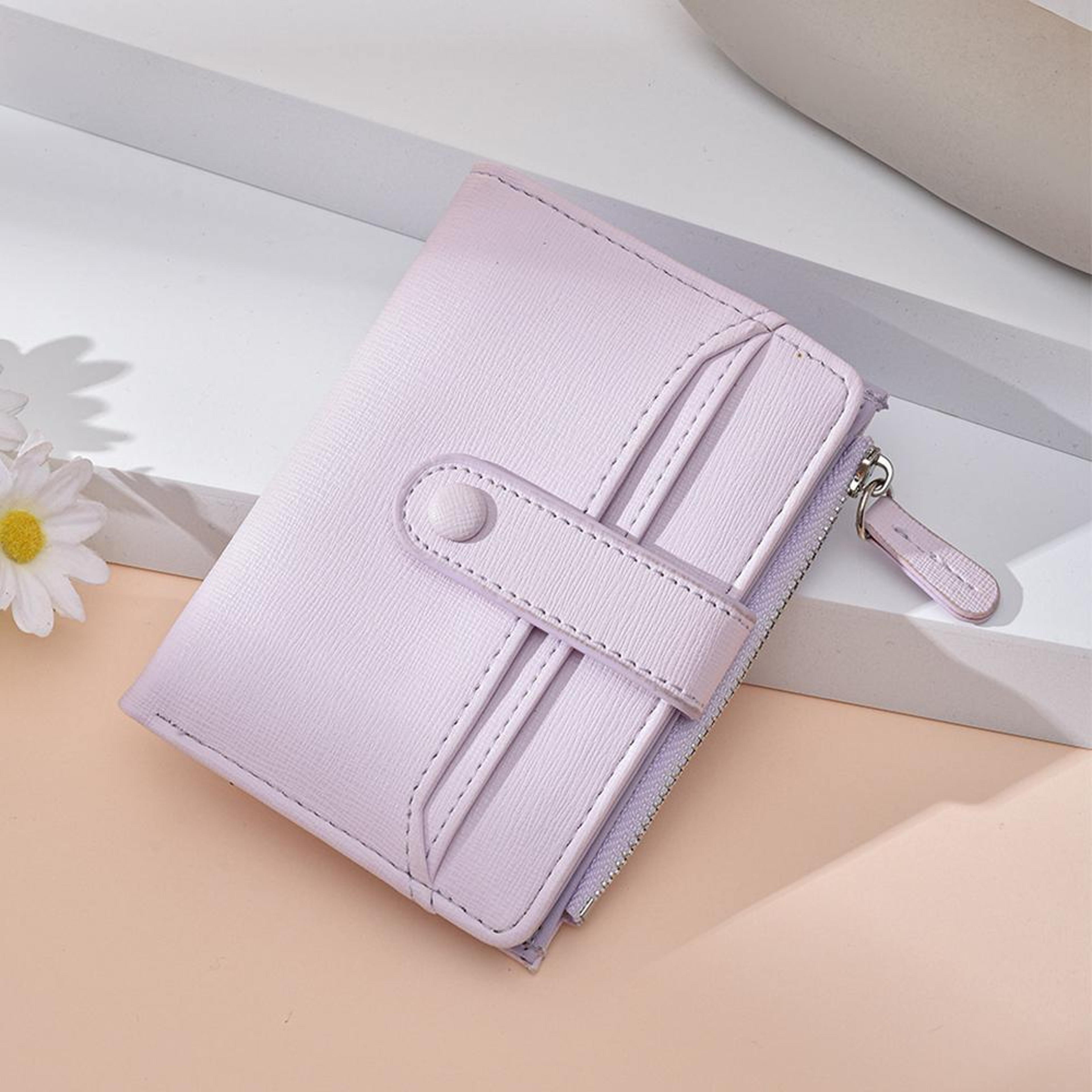 Womens Compact Bifold Card Wallet with Lychee Texture Light Purple – view 9