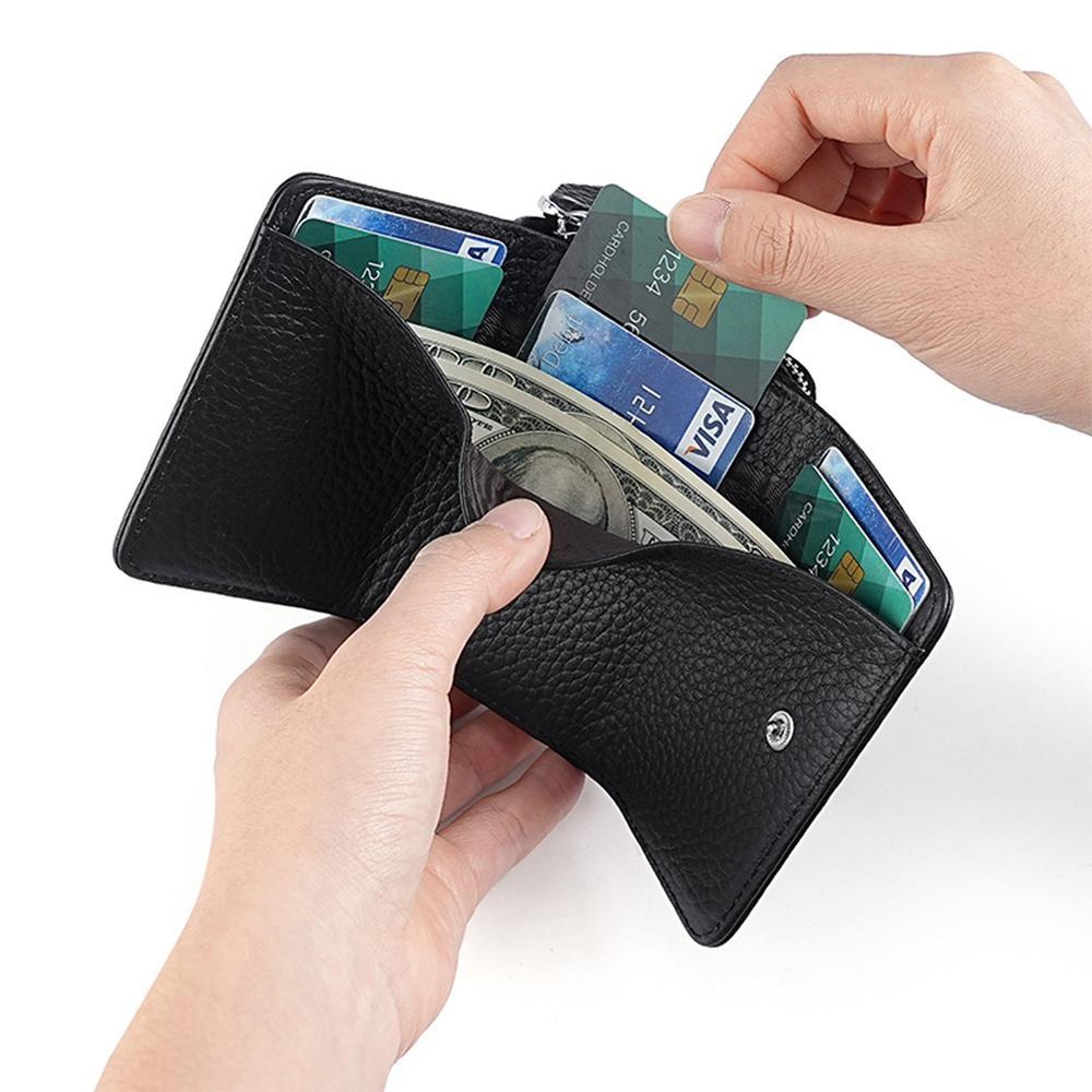 Genuine Leather Tri Fold RFID Wallet with Coin and Key Storage Black – view 5