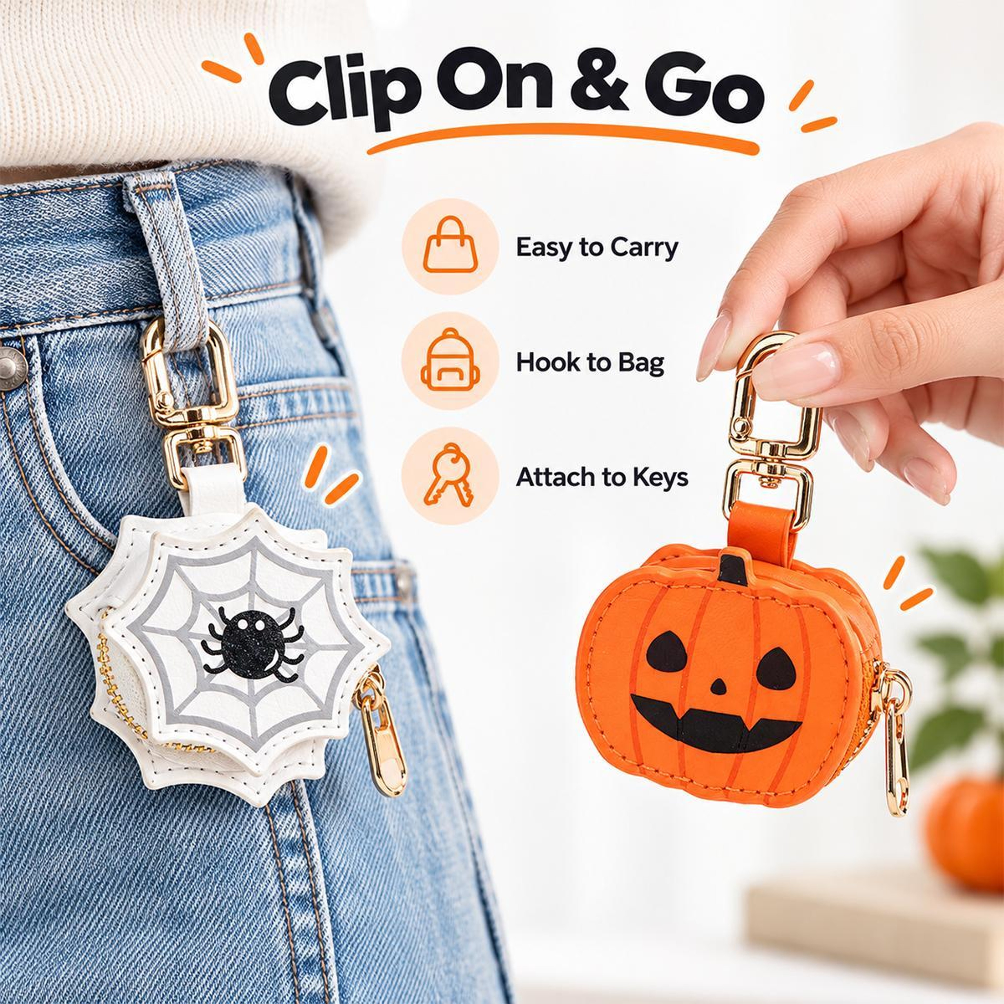 Mini Pumpkin Vegan Leather Zipper Pouch with Metal Keychain Clip – view 5