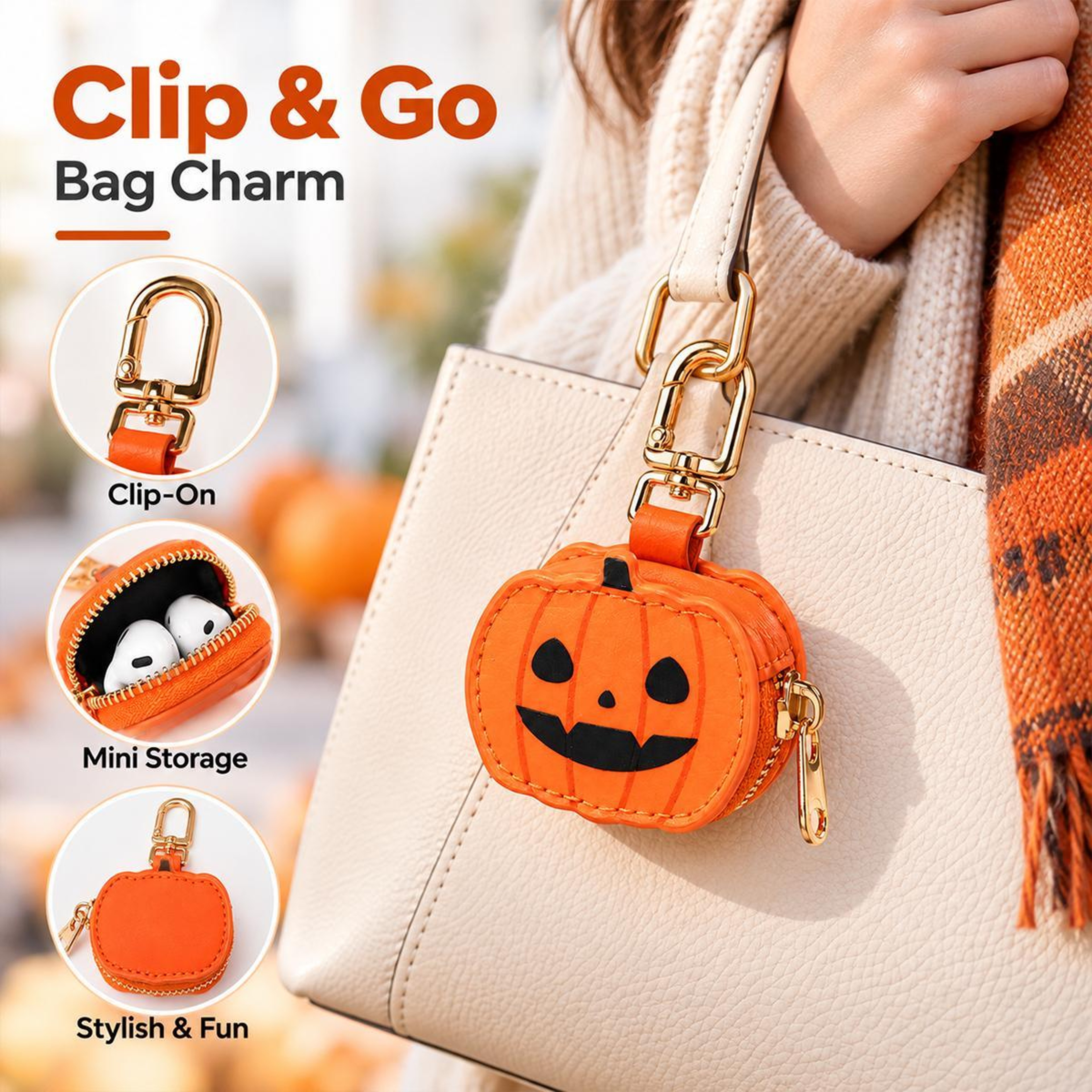 Mini Pumpkin Vegan Leather Zipper Pouch with Metal Keychain Clip – view 6