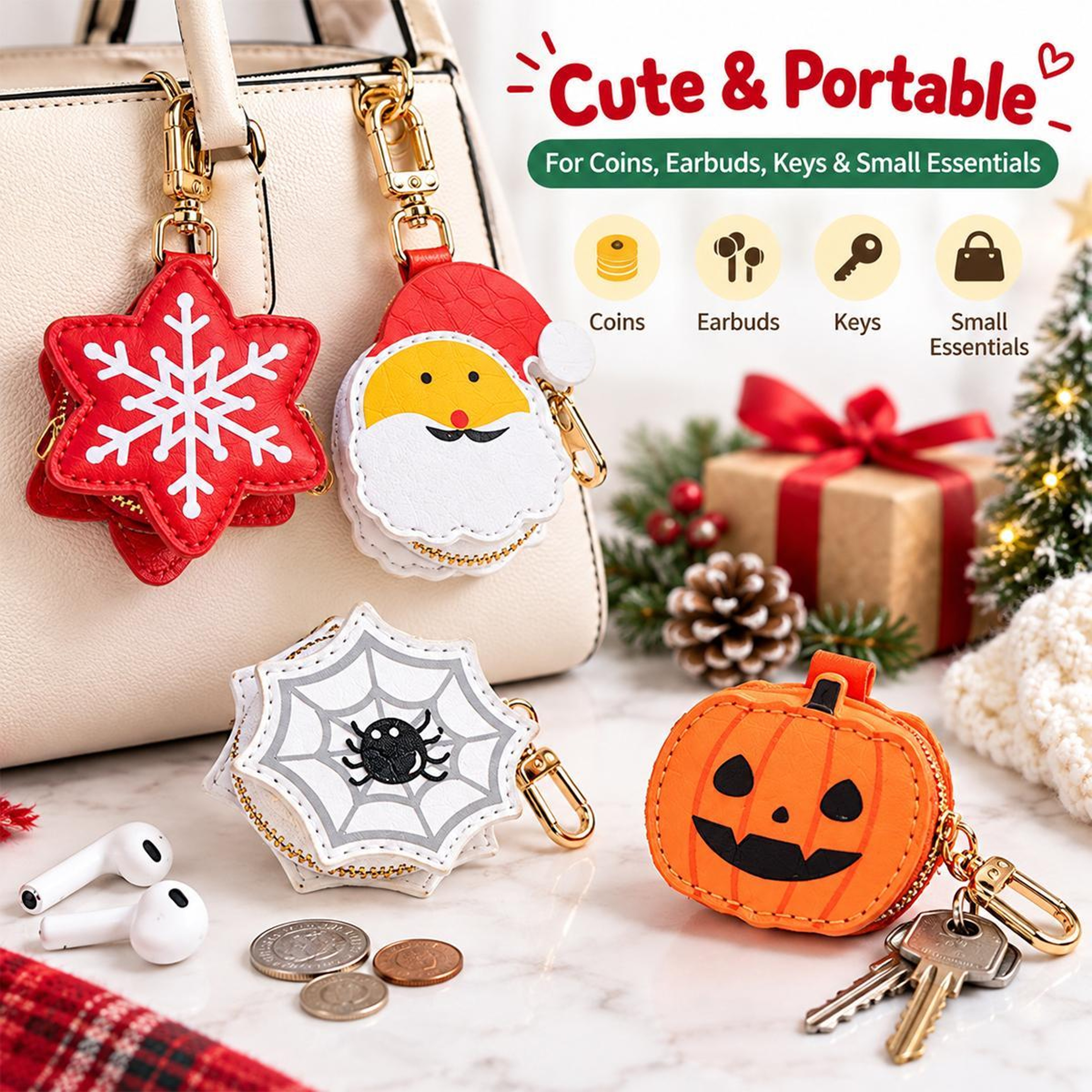 Mini Pumpkin Vegan Leather Zipper Pouch with Metal Keychain Clip – view 7