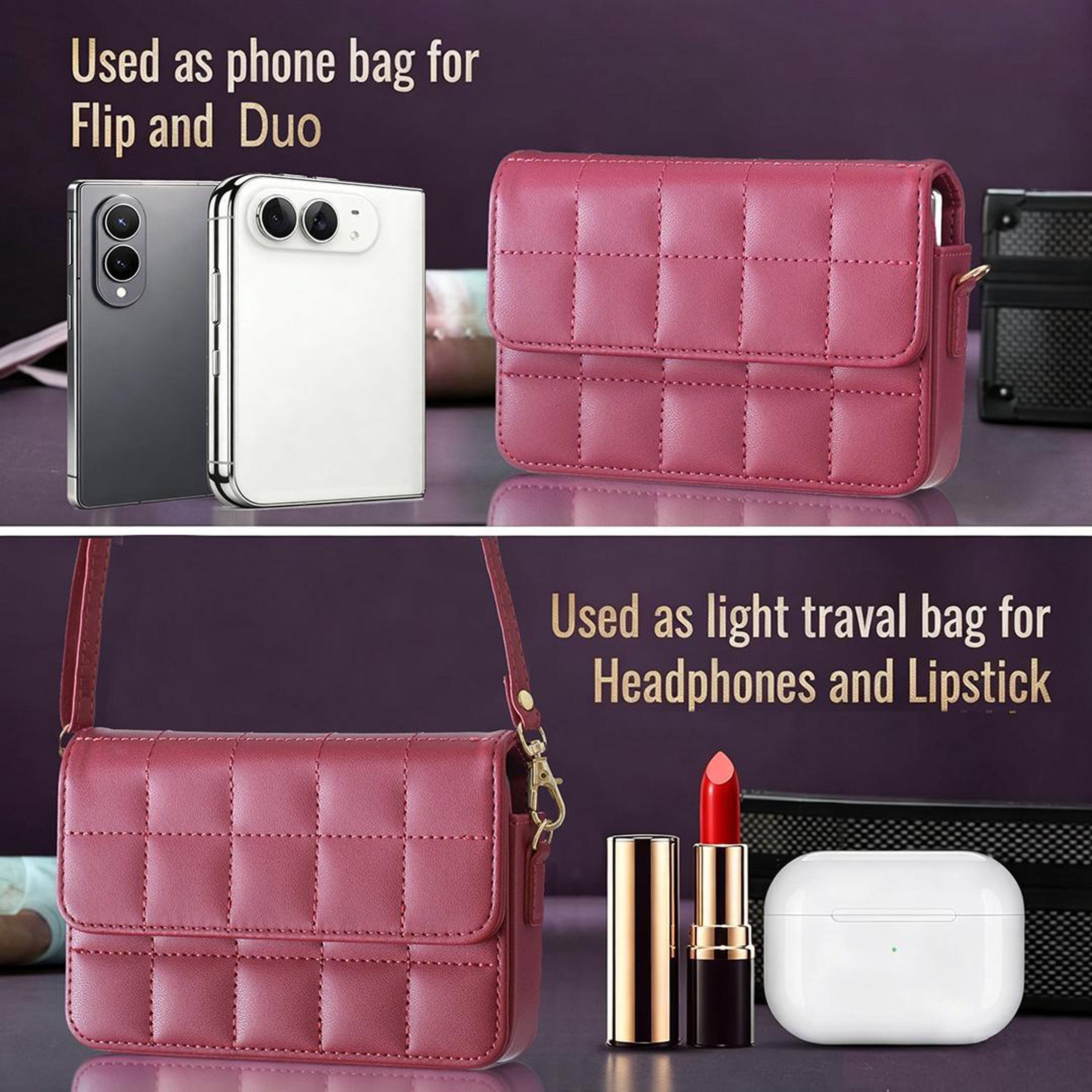 Checkered Crossbody Phone Bag with Adjustable Shoulder Strap Rose Red – view 6