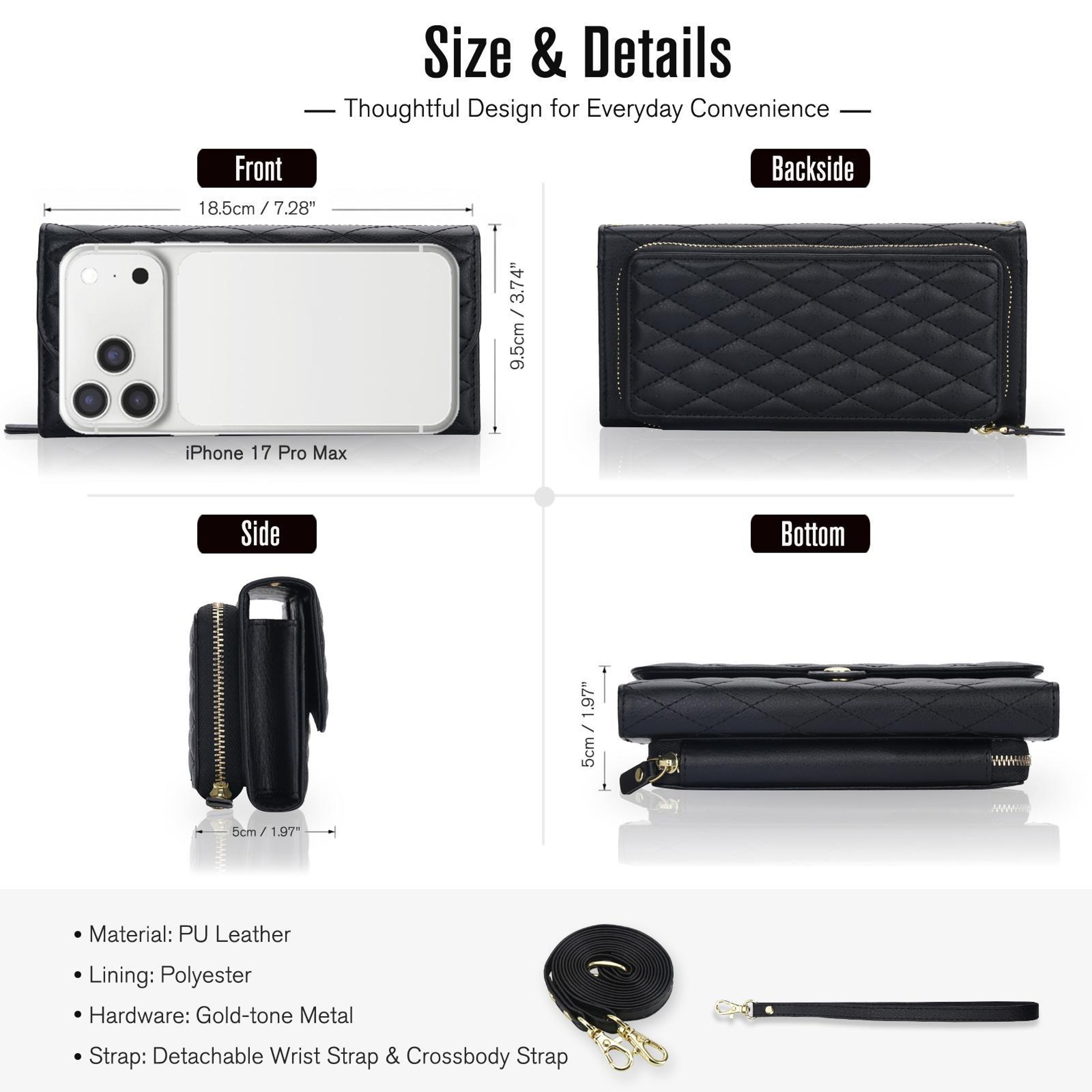 RFID Blocking Crossbody Phone Wallet with Quilted PU Leather Design Black – view 4