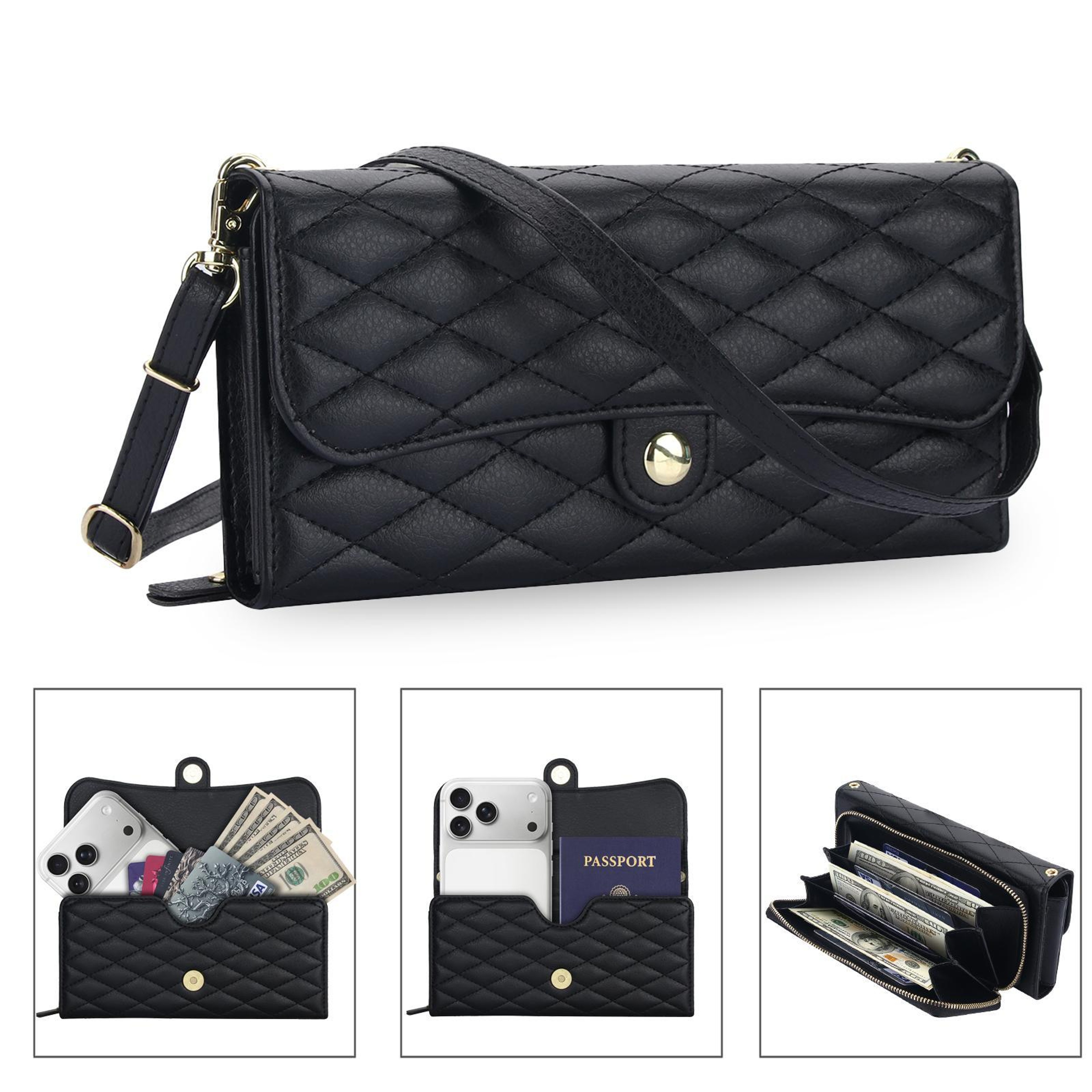 RFID Blocking Crossbody Phone Wallet with Quilted PU Leather Design Black – view 11