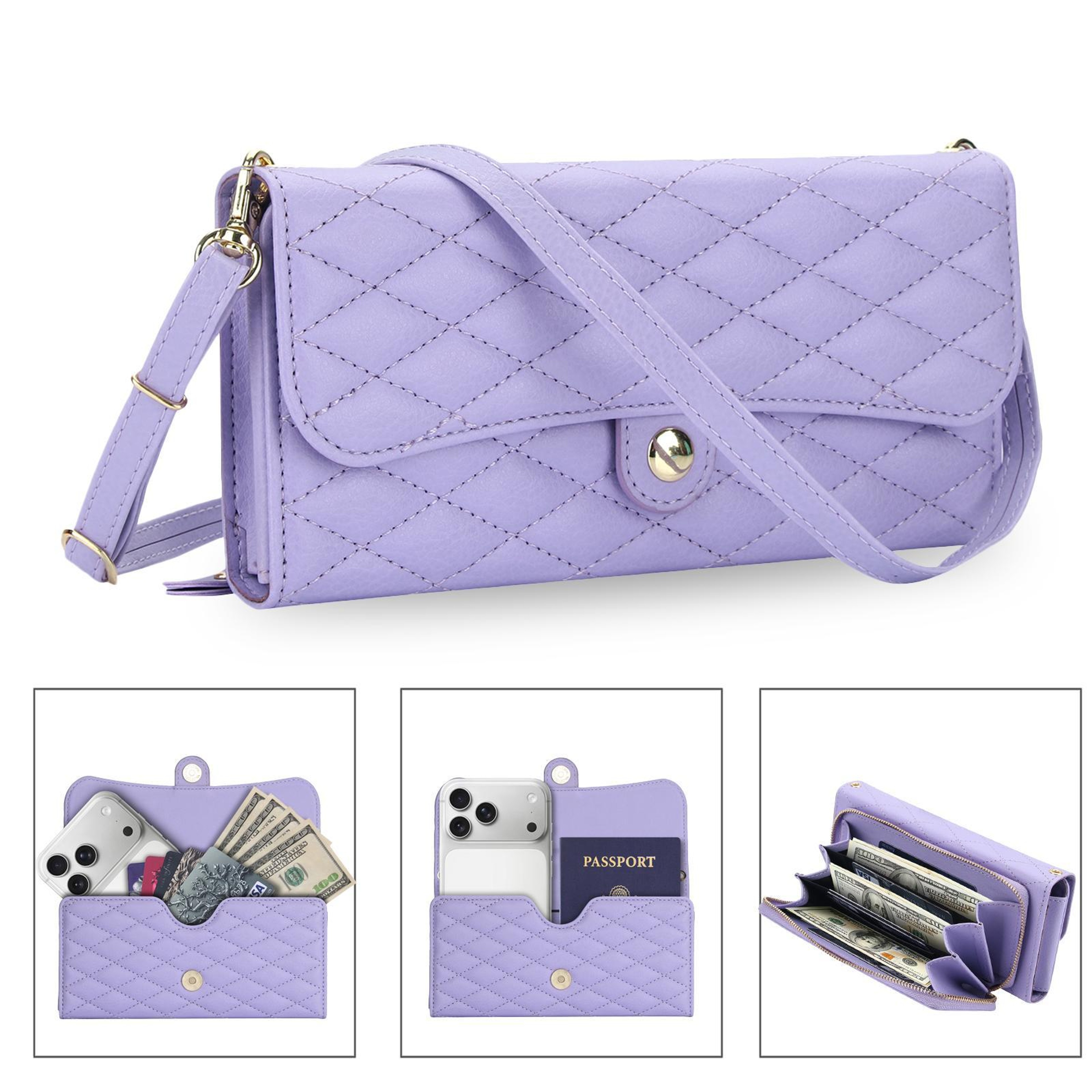 RFID Blocking Crossbody Phone Wallet with Quilted PU Leather Design Black – view 14