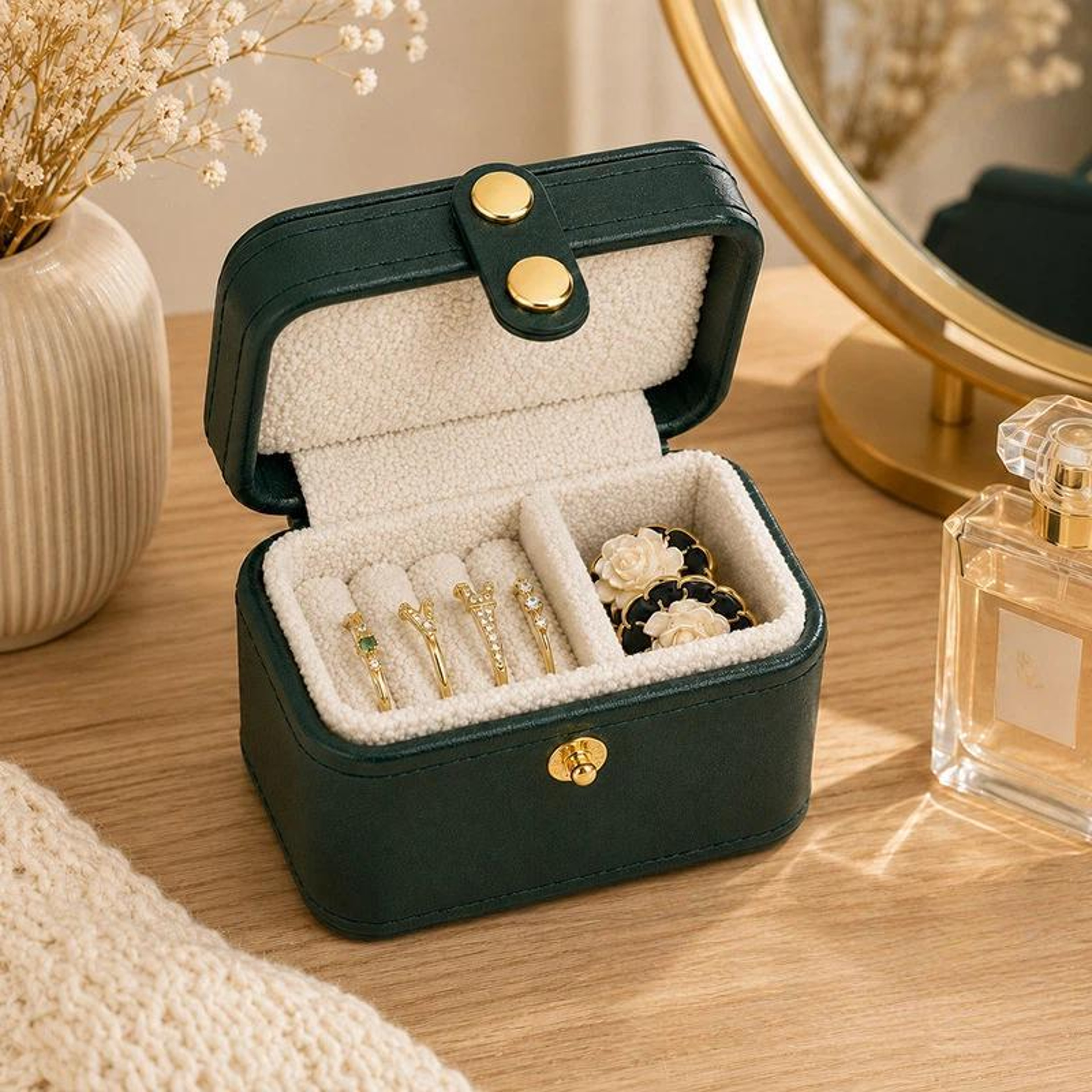 Mini Travel Ring Box PU Leather Jewelry Organizer with Snap Closure Ink Green – view 7