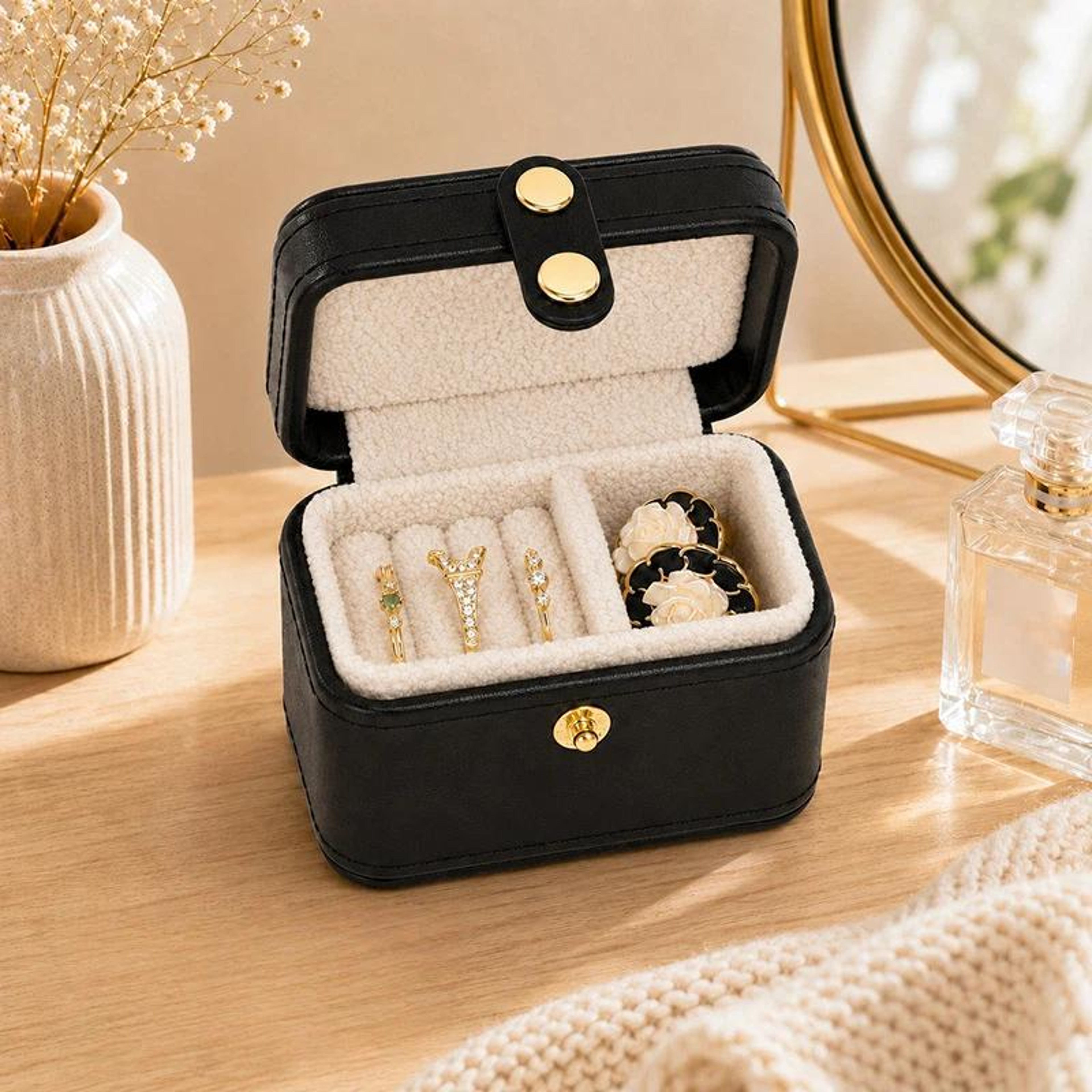 Mini Travel Ring Box PU Leather Jewelry Organizer with Snap Closure Ink Green – view 9