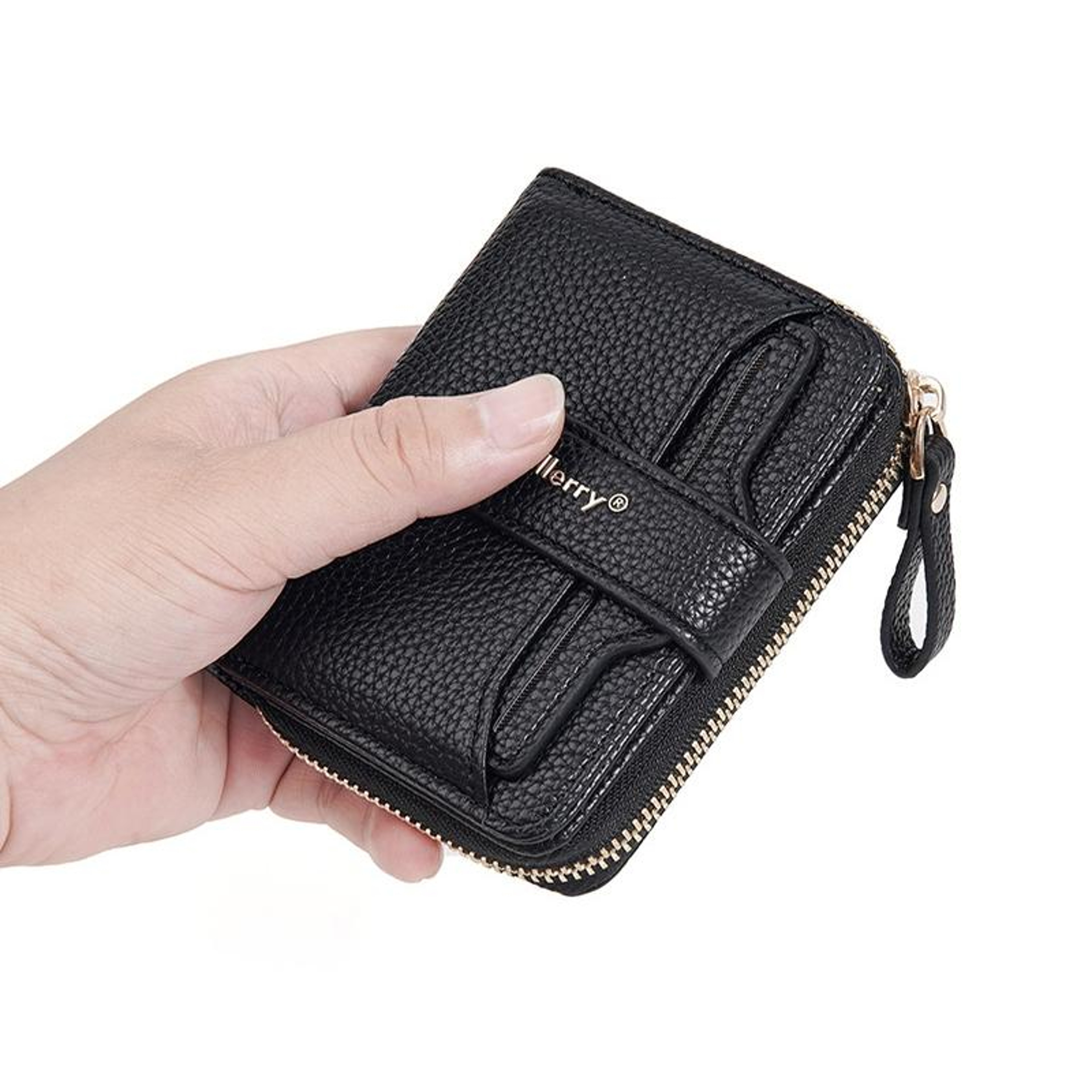 Womens Compact PU Leather Zipper Wallet with Multiple Card Slots Black – view 6
