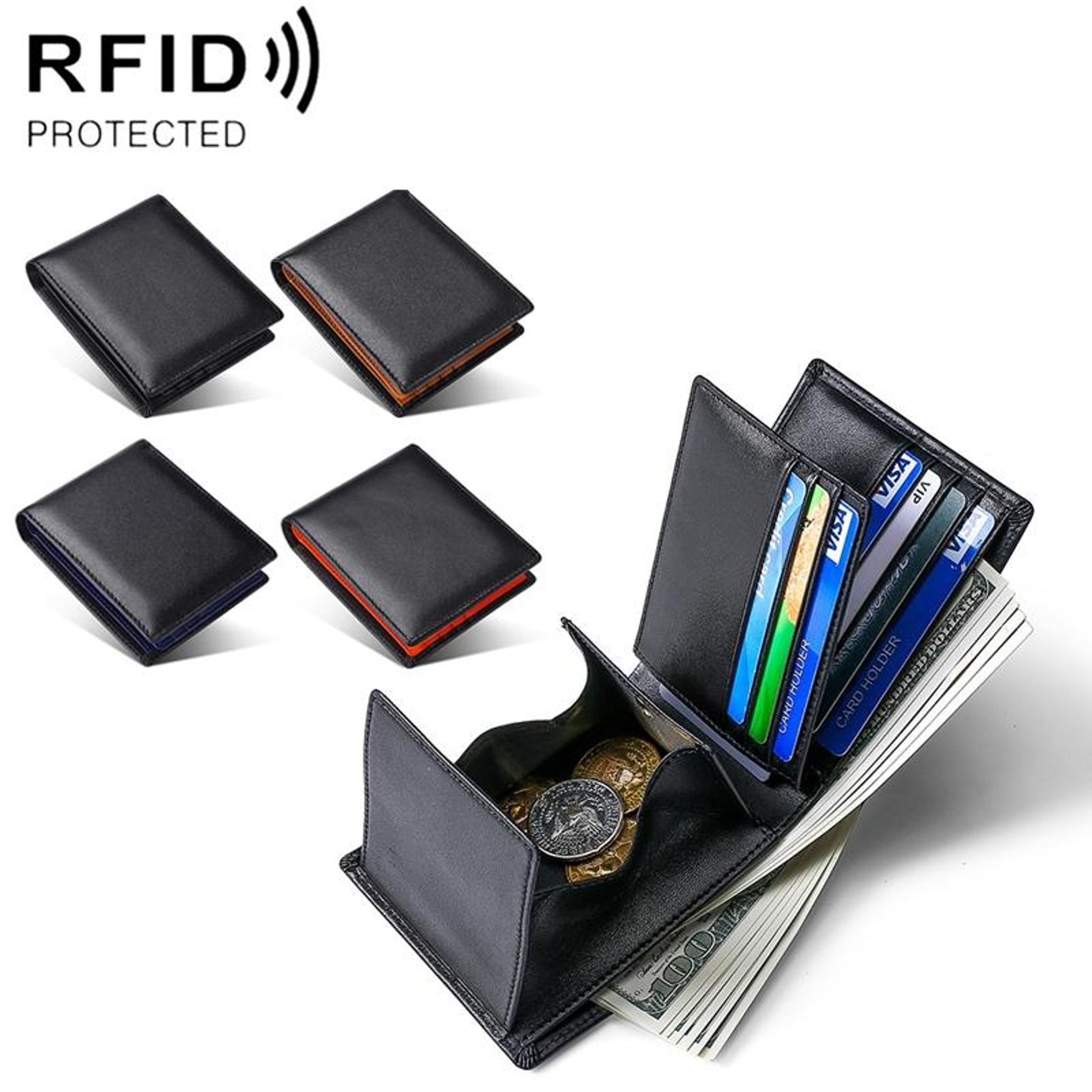 Leather RFID Tri Fold Wallet with 11 Card Slots and Coin Pocket Black – view 5