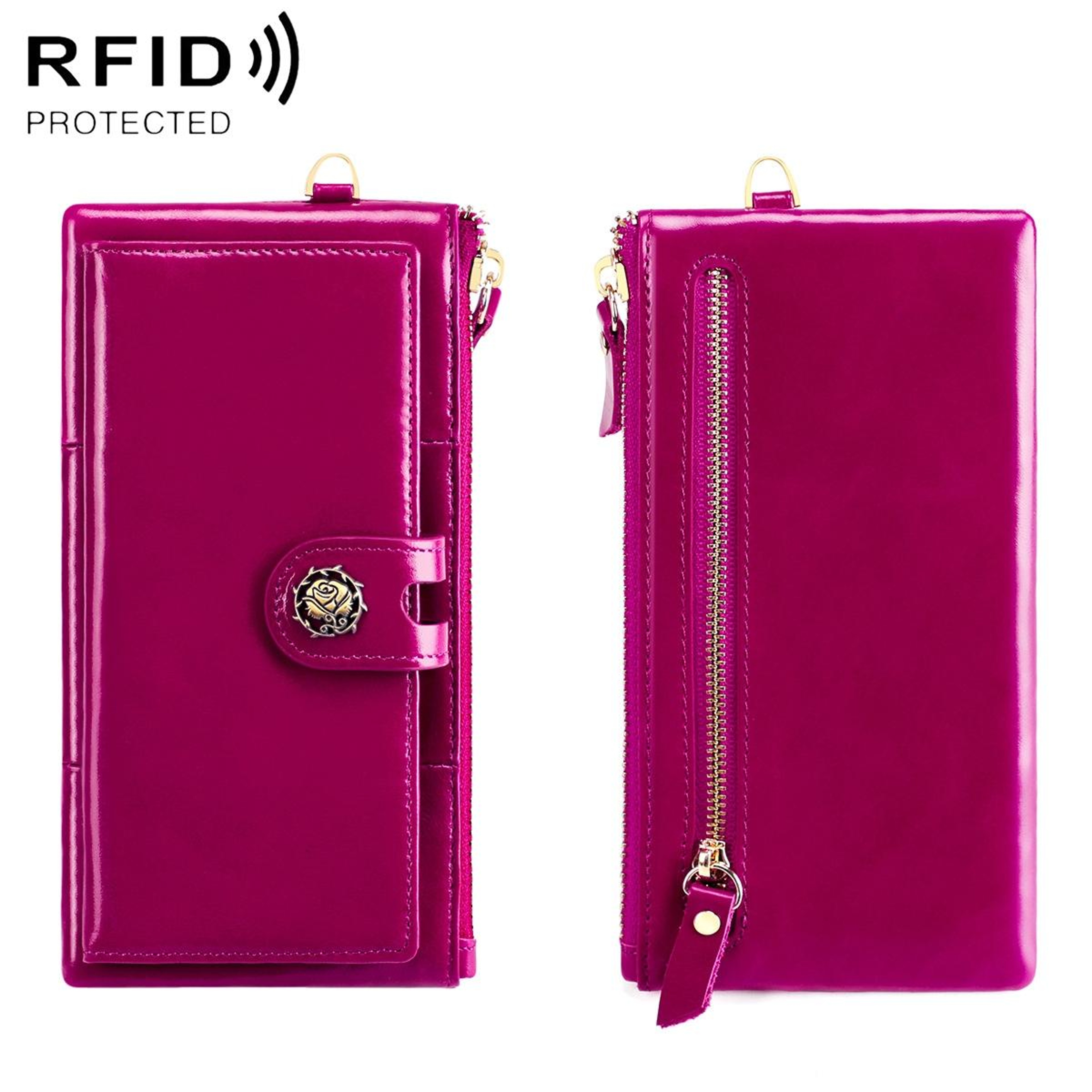 Womens RFID Blocking Genuine Leather Wallet with Zipper and Buckle Closure Purple – view 1