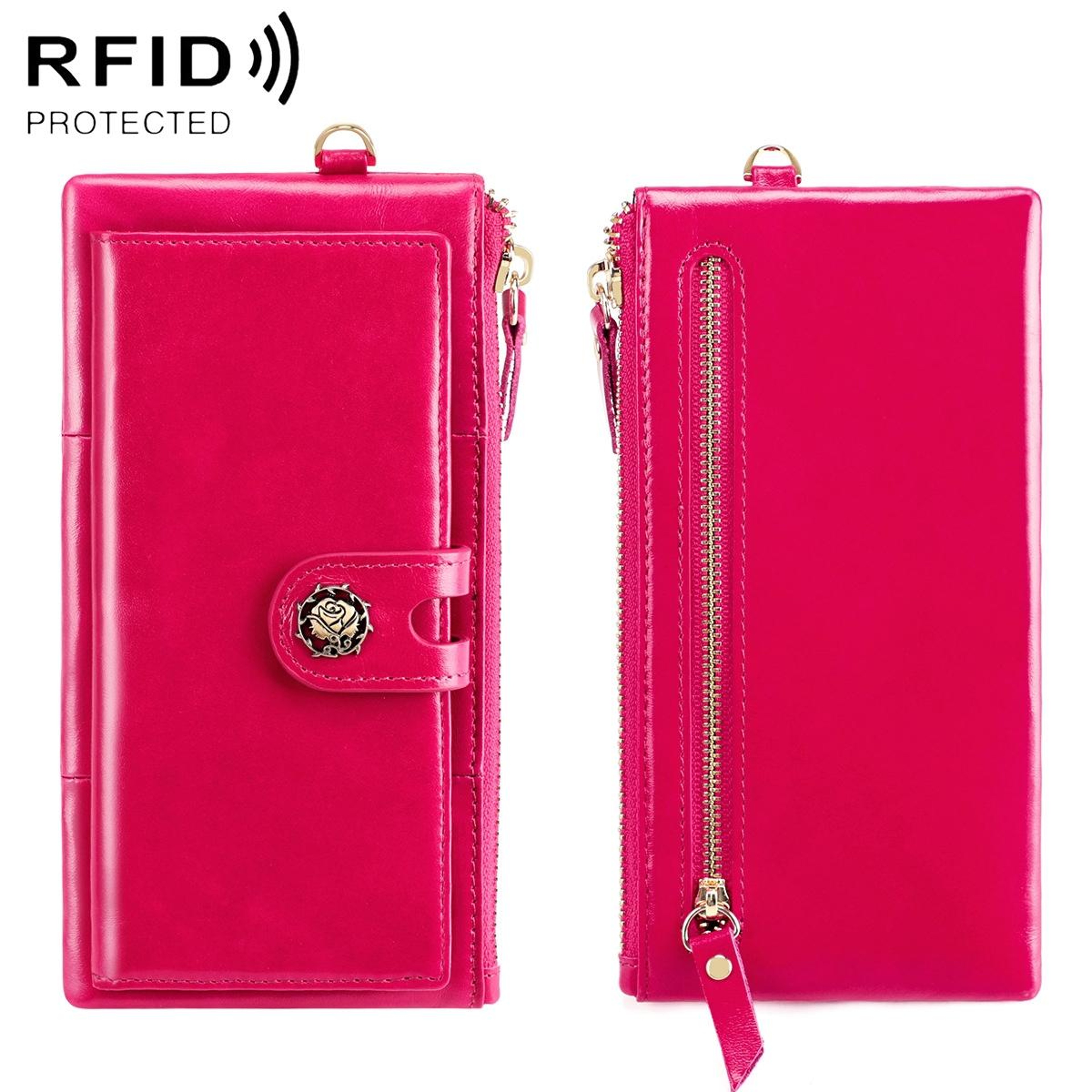 Womens RFID Blocking Genuine Leather Wallet with Zipper and Buckle Closure Purple – view 9