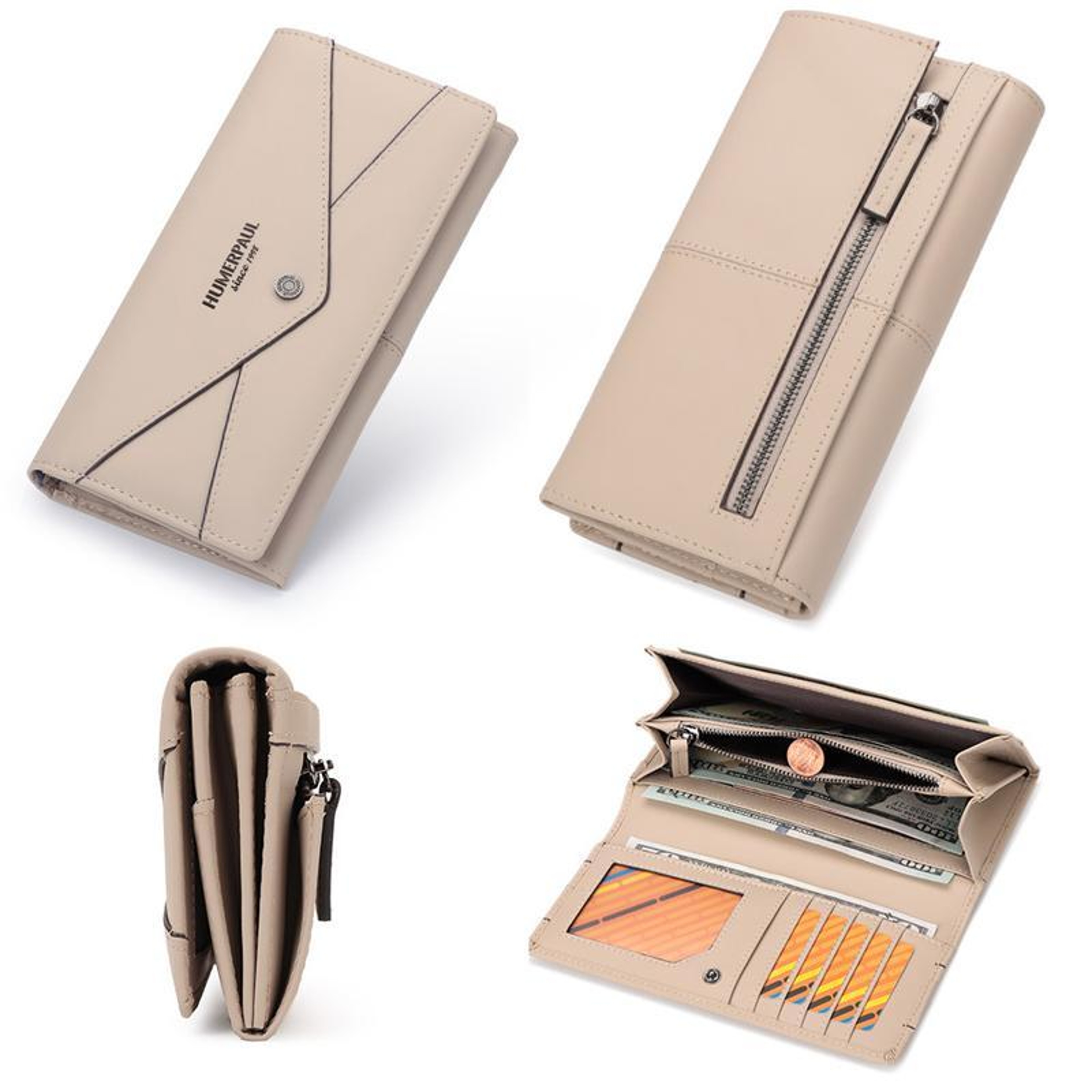 Womens Beige Leather RFID Long Wallet with Multi Card Holder – view 3