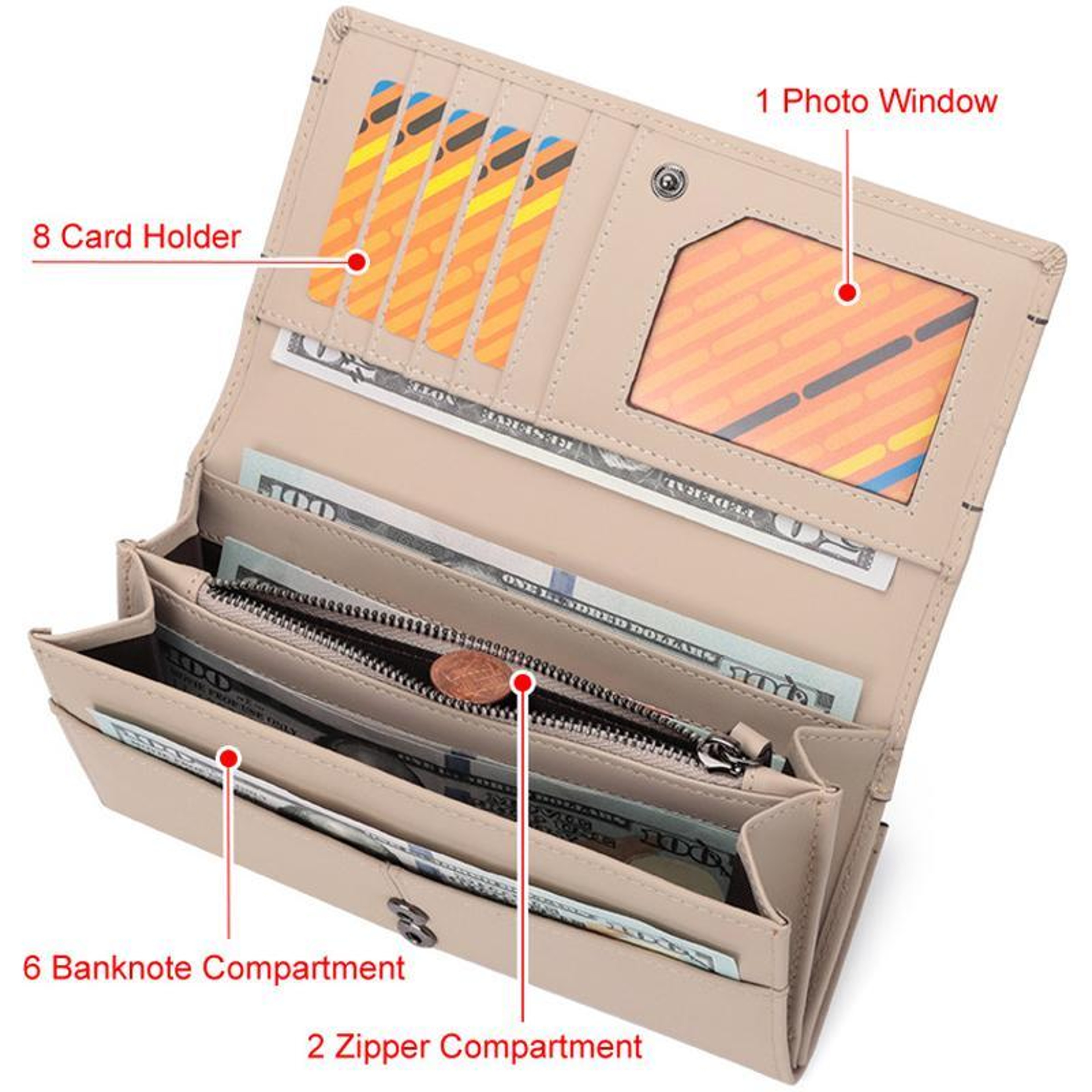Womens Beige Leather RFID Long Wallet with Multi Card Holder – view 5