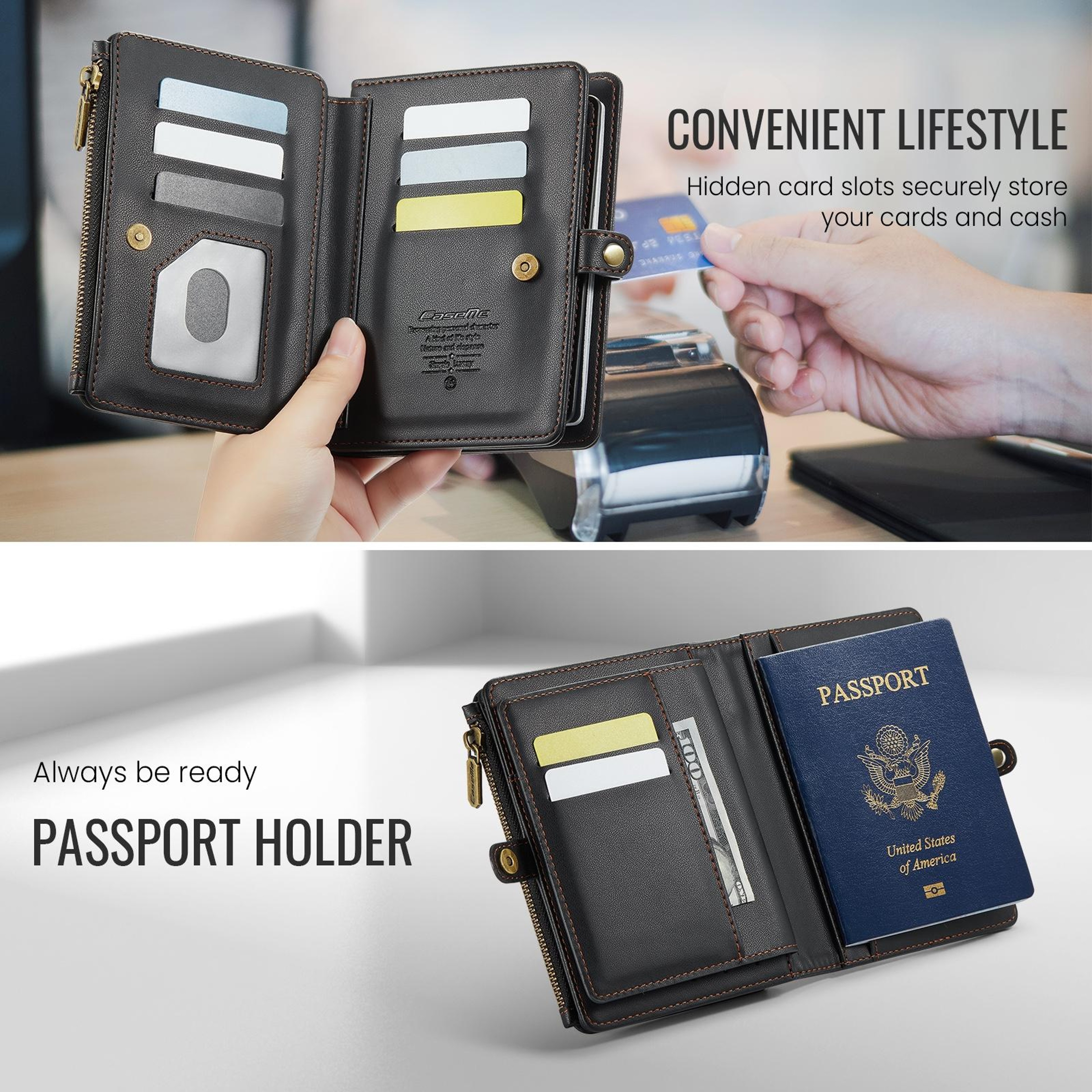 RFID Blocking Passport Wallet with Card Slots and Zipper Pocket Black – view 4