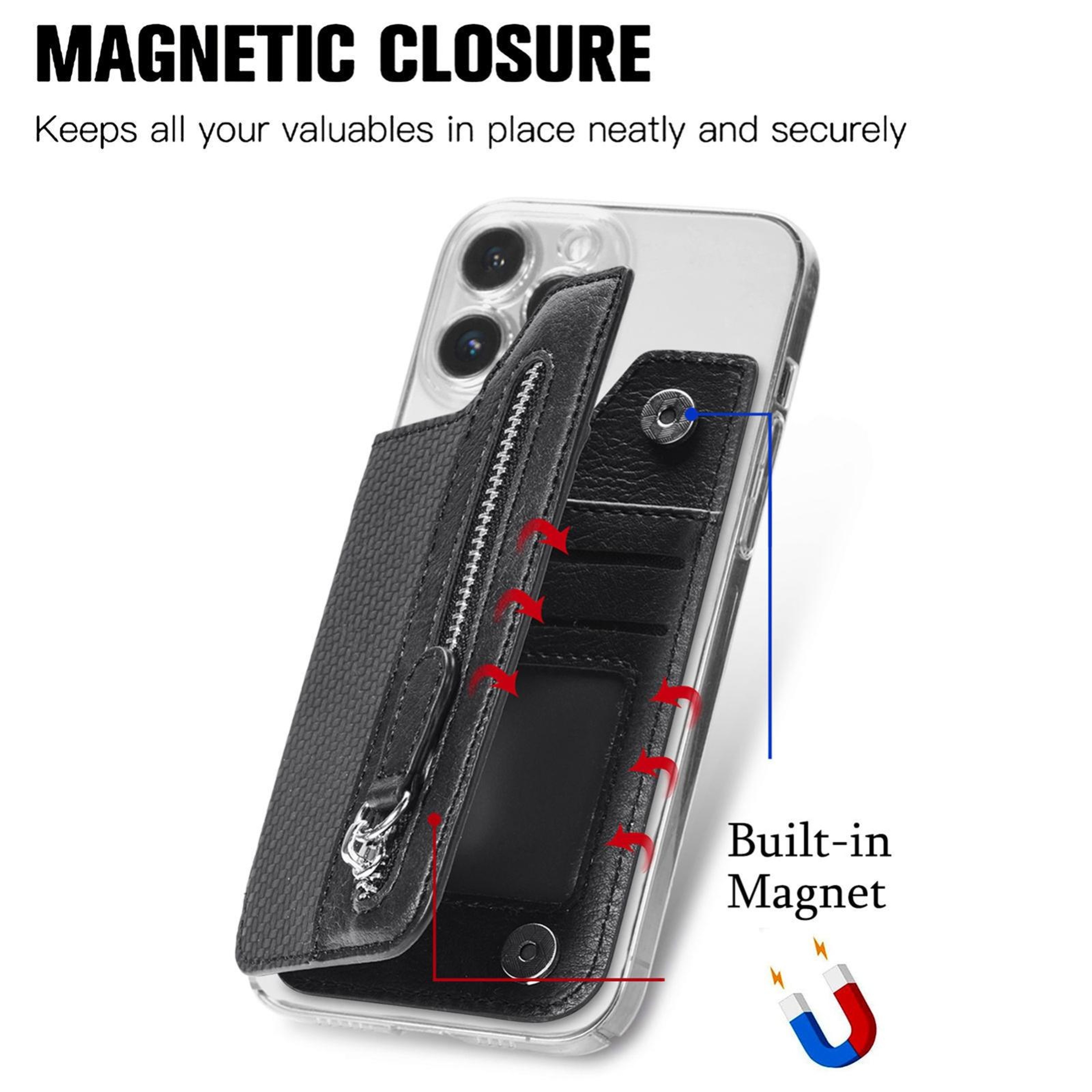 Adhesive Phone Wallet Card Holder with Zipper Pocket and Adjustable Stand Black – view 6