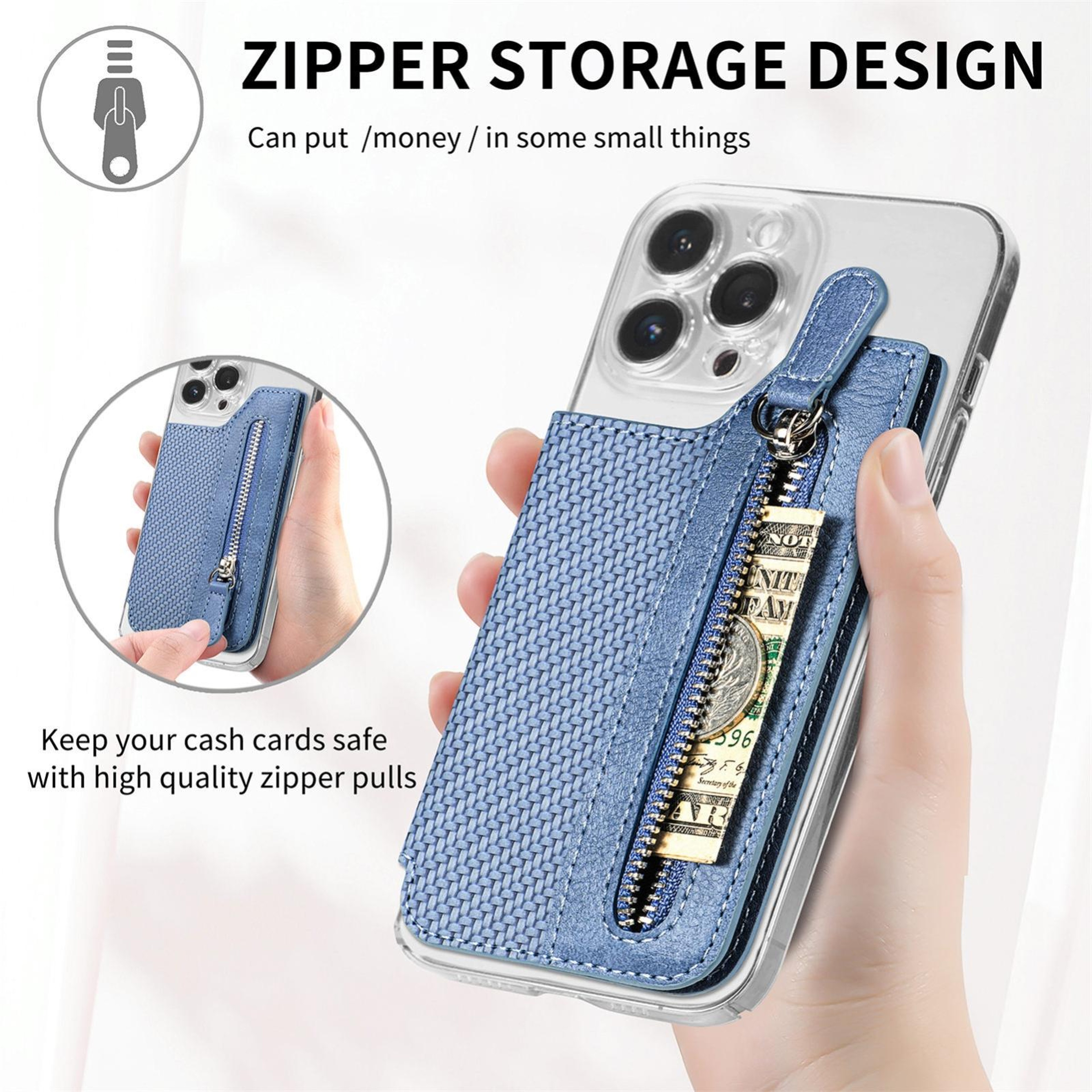Adhesive Phone Wallet Card Holder with Zipper Pocket and Adjustable Stand Black – view 7