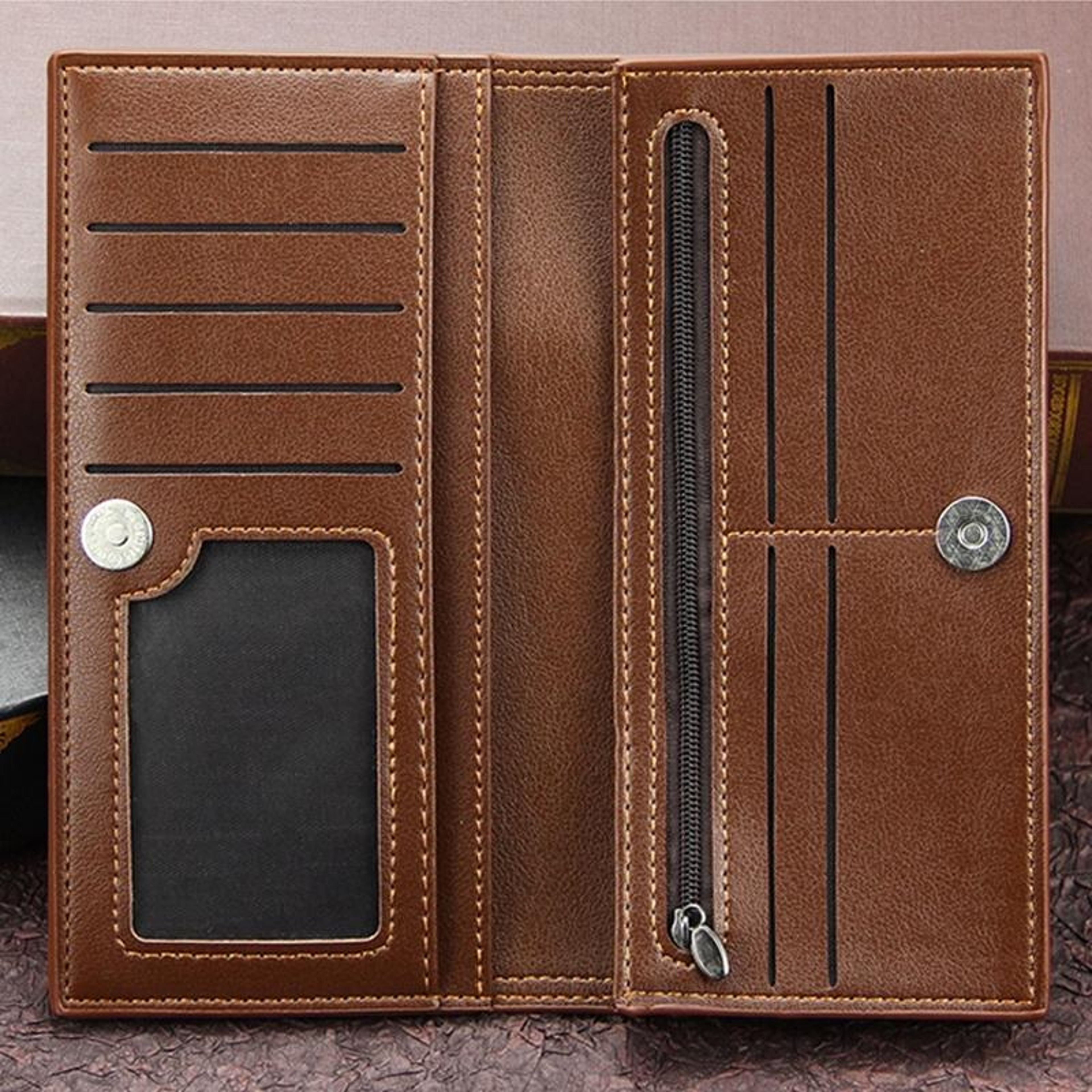 Mens Long Bifold Wallet with Magnetic Buckle and Multiple Card Slots Black – view 6
