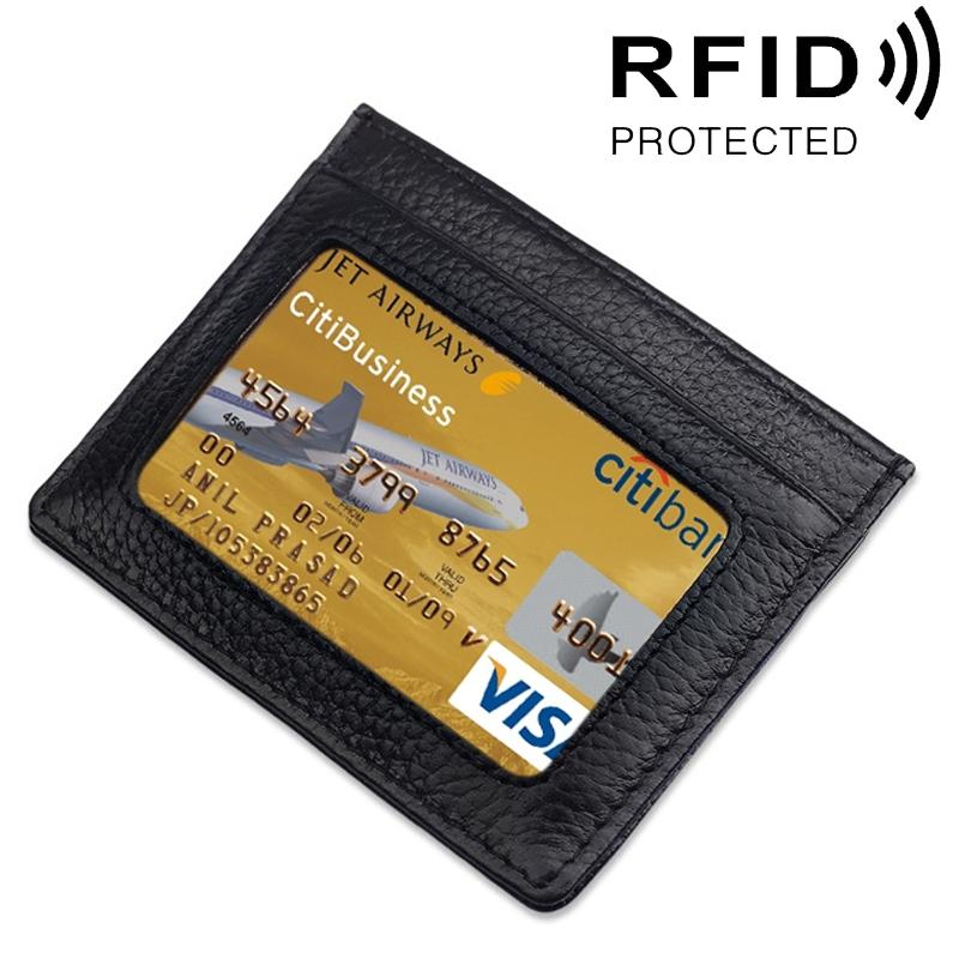 Cowhide Leather RFID Blocking Card Holder Wallet with Litchi Texture Red – view 7