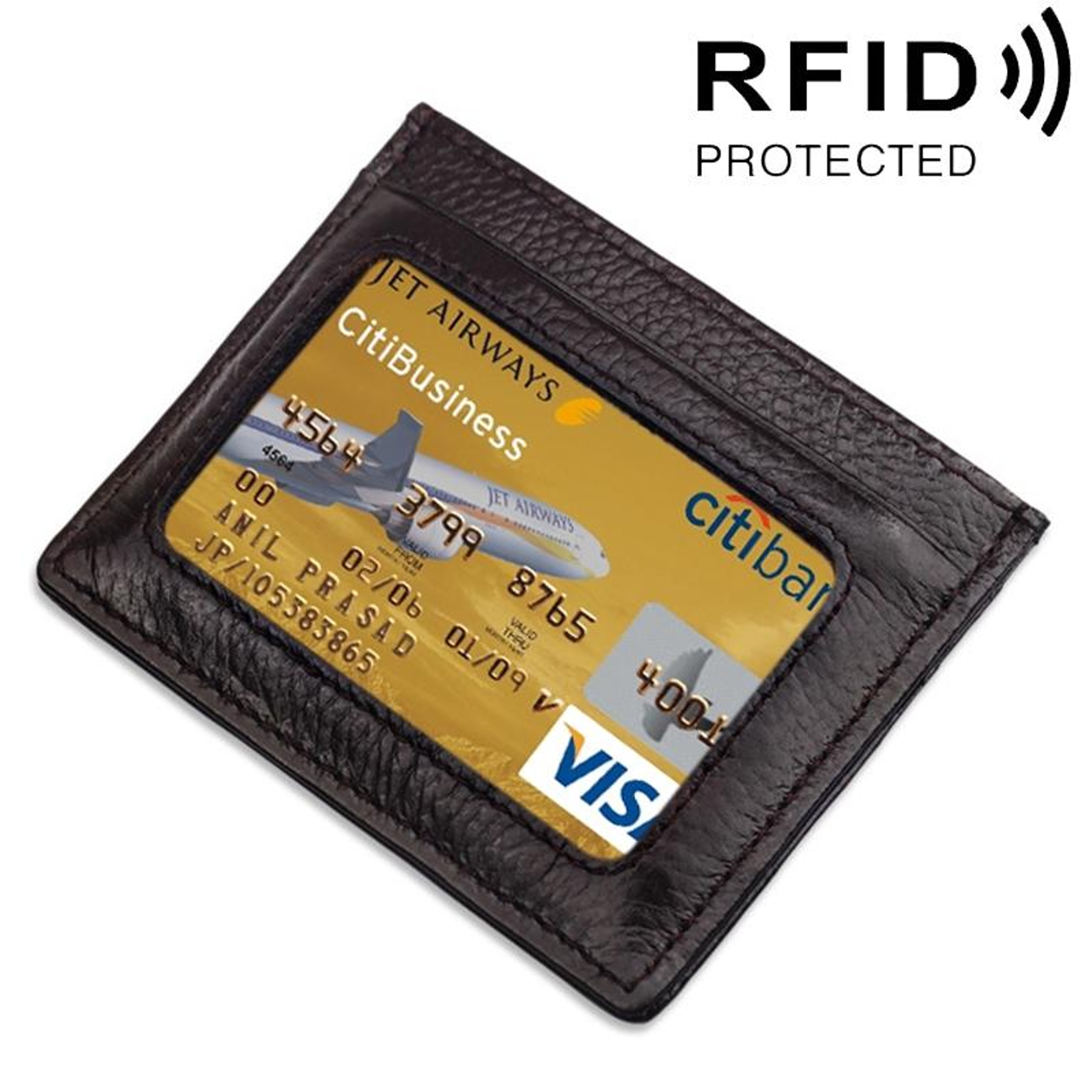 Cowhide Leather RFID Blocking Card Holder Wallet with Litchi Texture Red – view 8