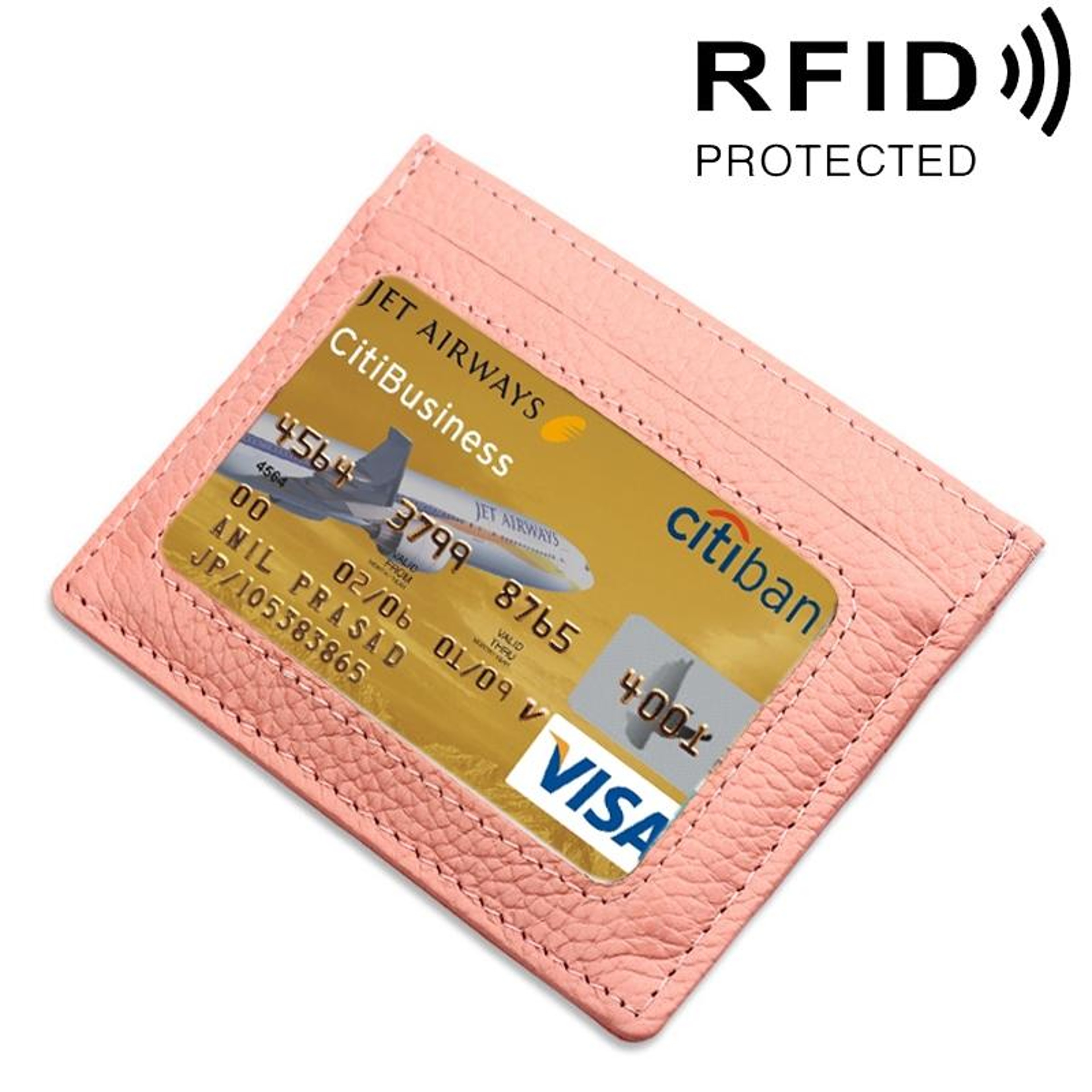 Cowhide Leather RFID Blocking Card Holder Wallet with Litchi Texture Red – view 11