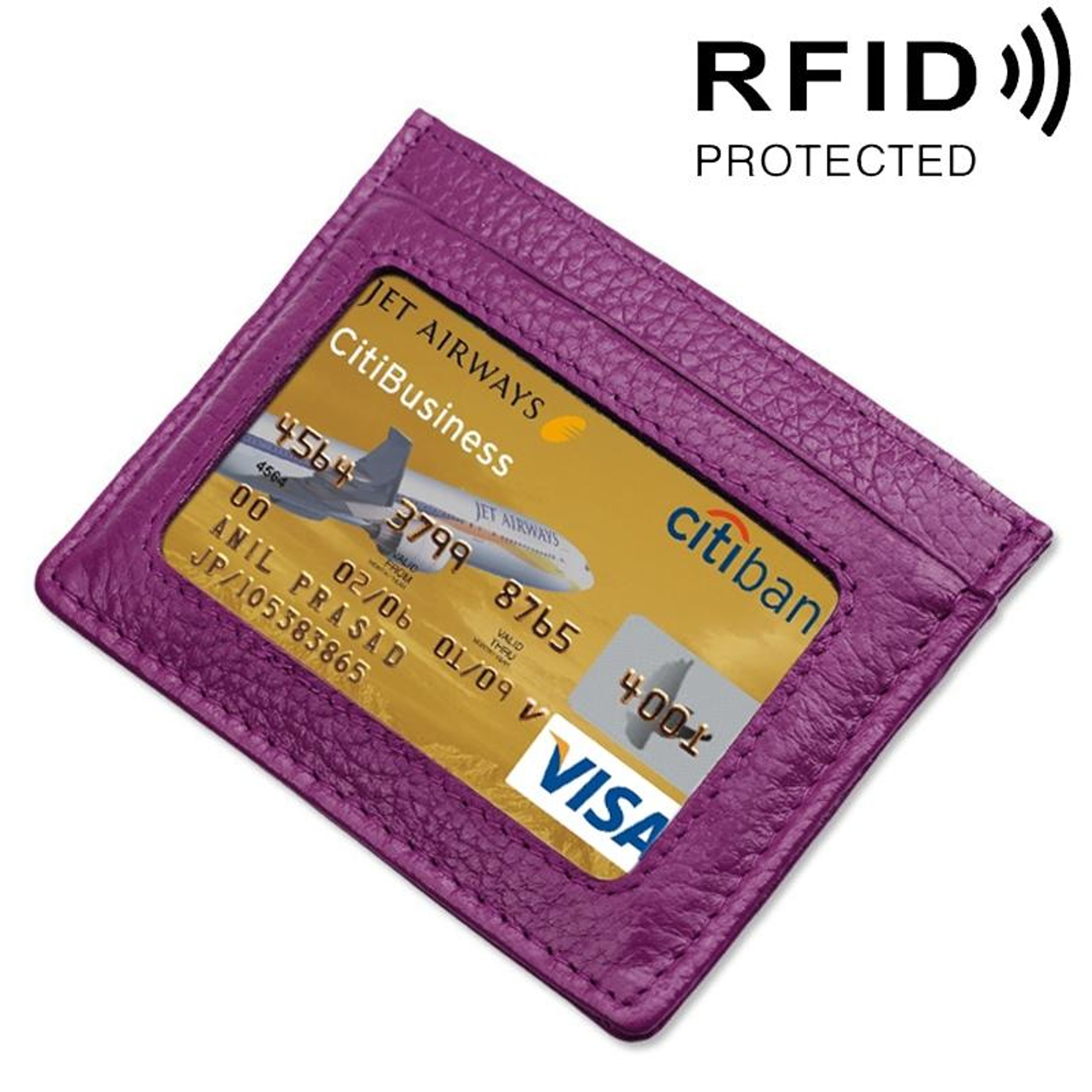 Cowhide Leather RFID Blocking Card Holder Wallet with Litchi Texture Red – view 14