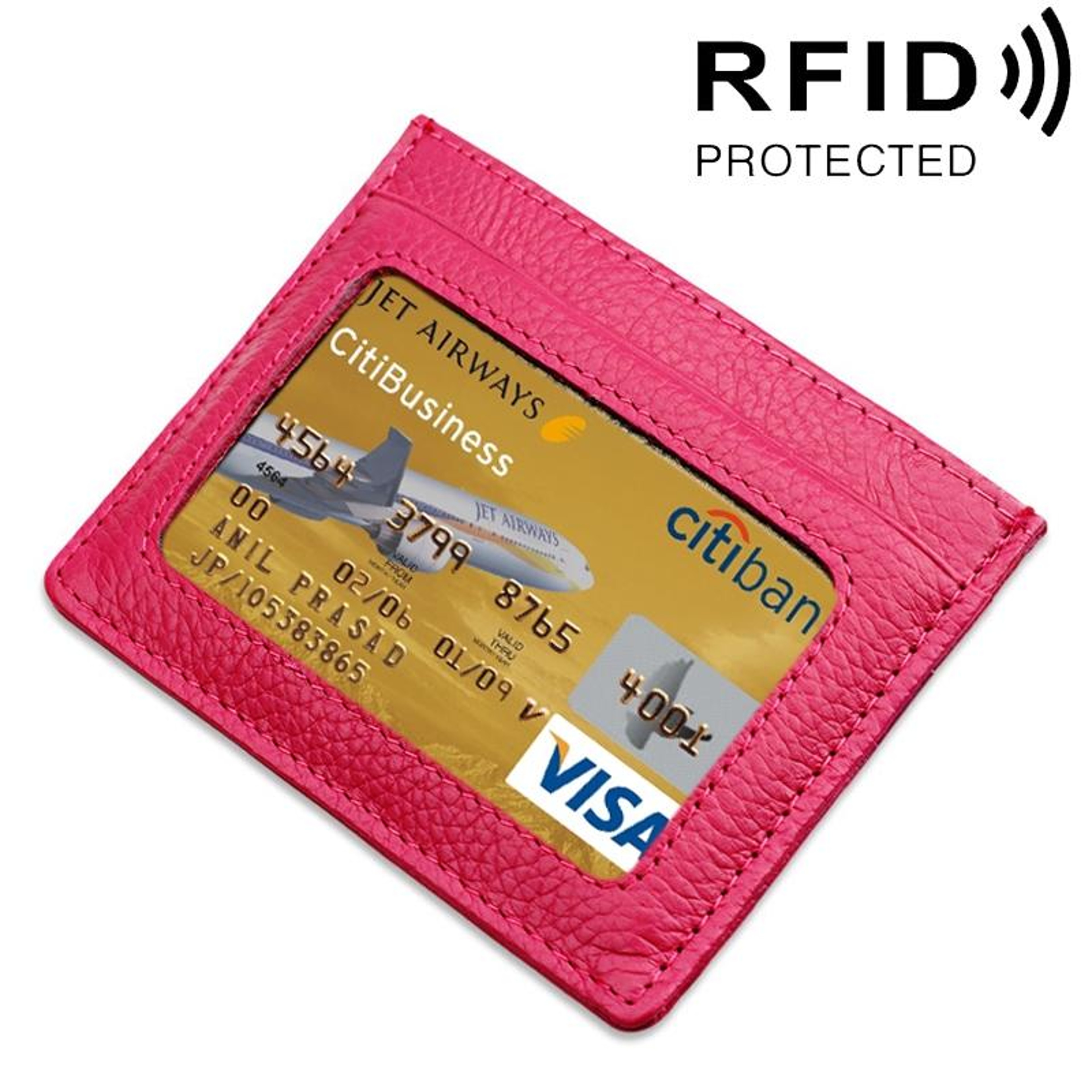 Cowhide Leather RFID Blocking Card Holder Wallet with Litchi Texture Red – view 13