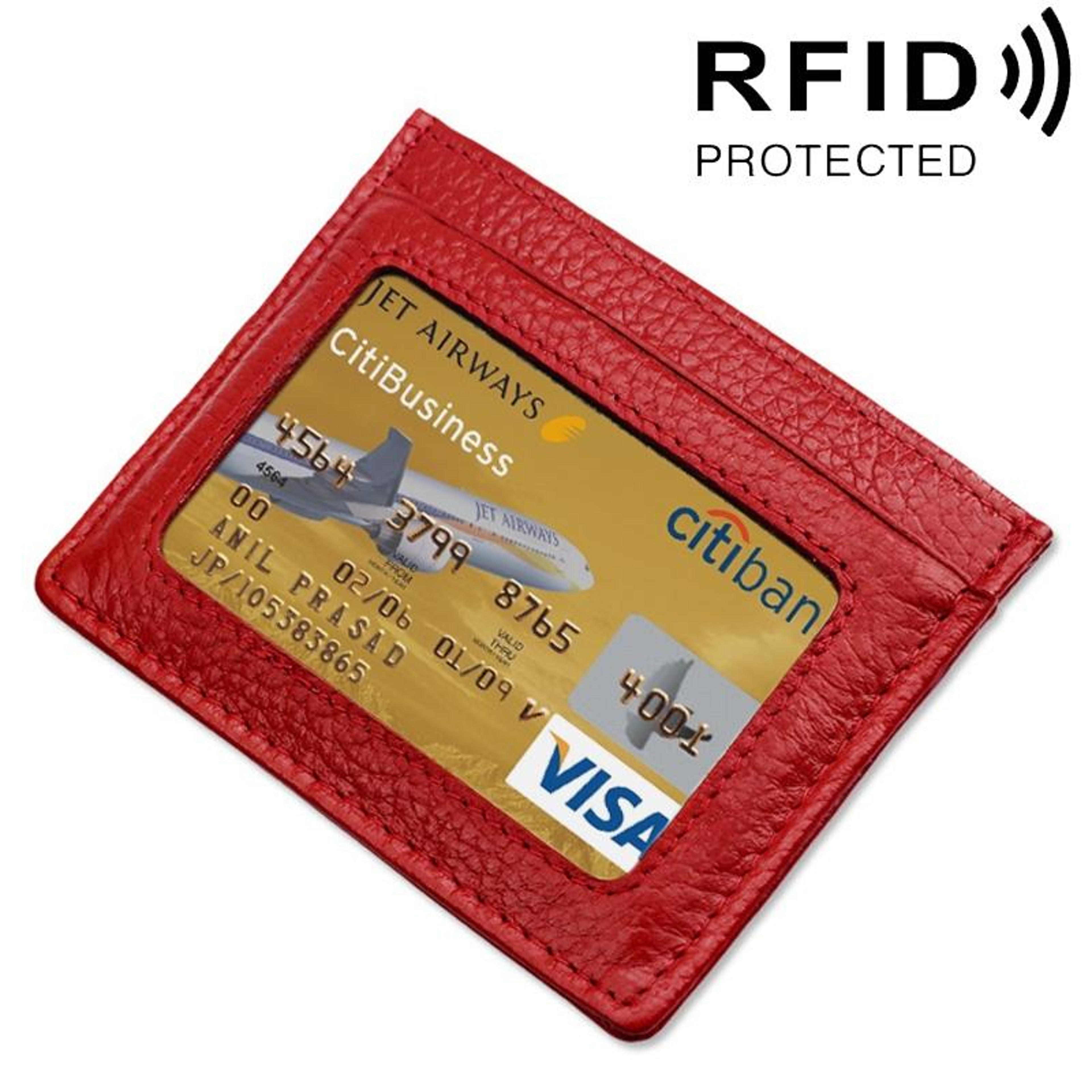 Cowhide Leather RFID Blocking Card Holder Wallet with Litchi Texture Red – view 12