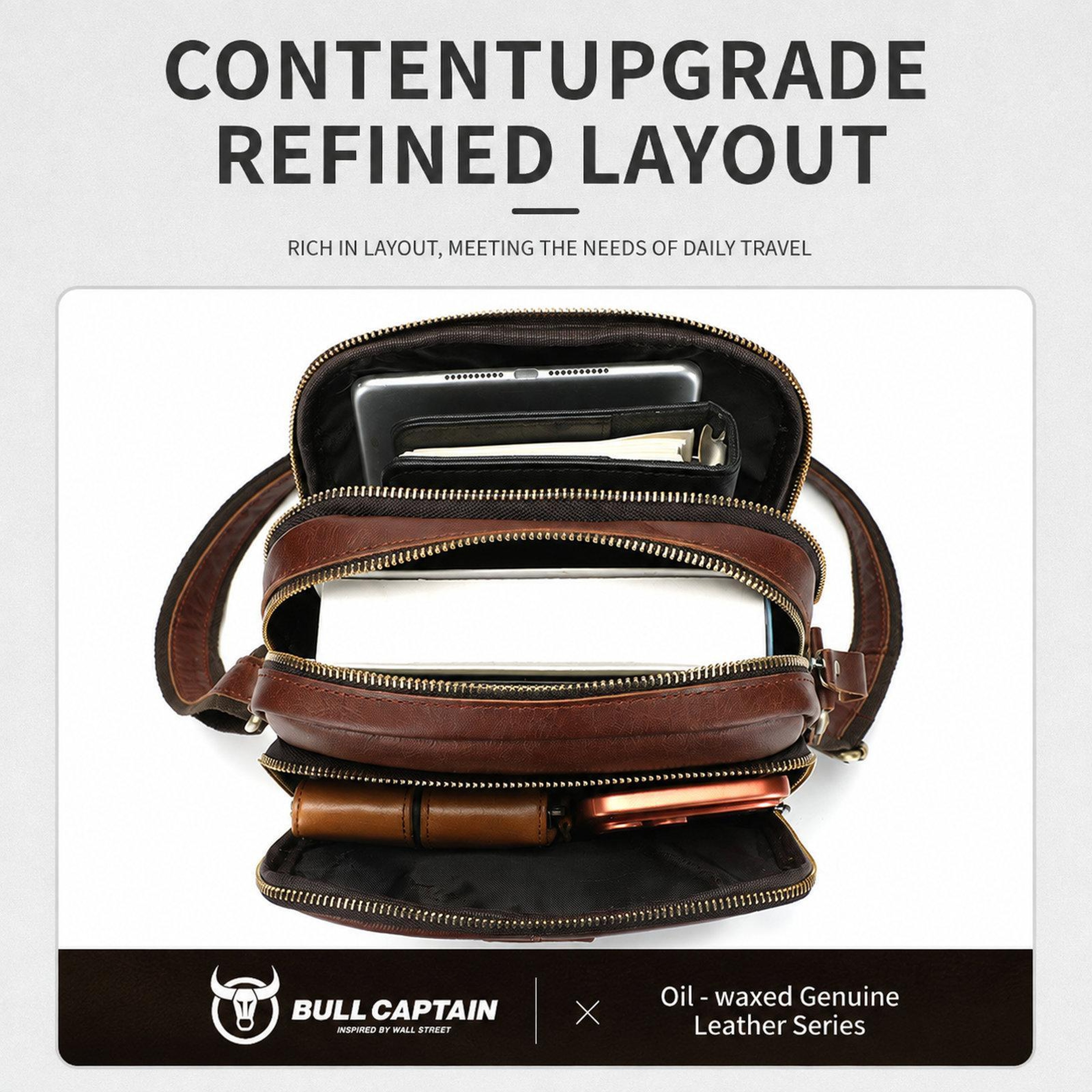 Mens Genuine Leather Crossbody Messenger Bag with Multiple Pockets Black – view 5