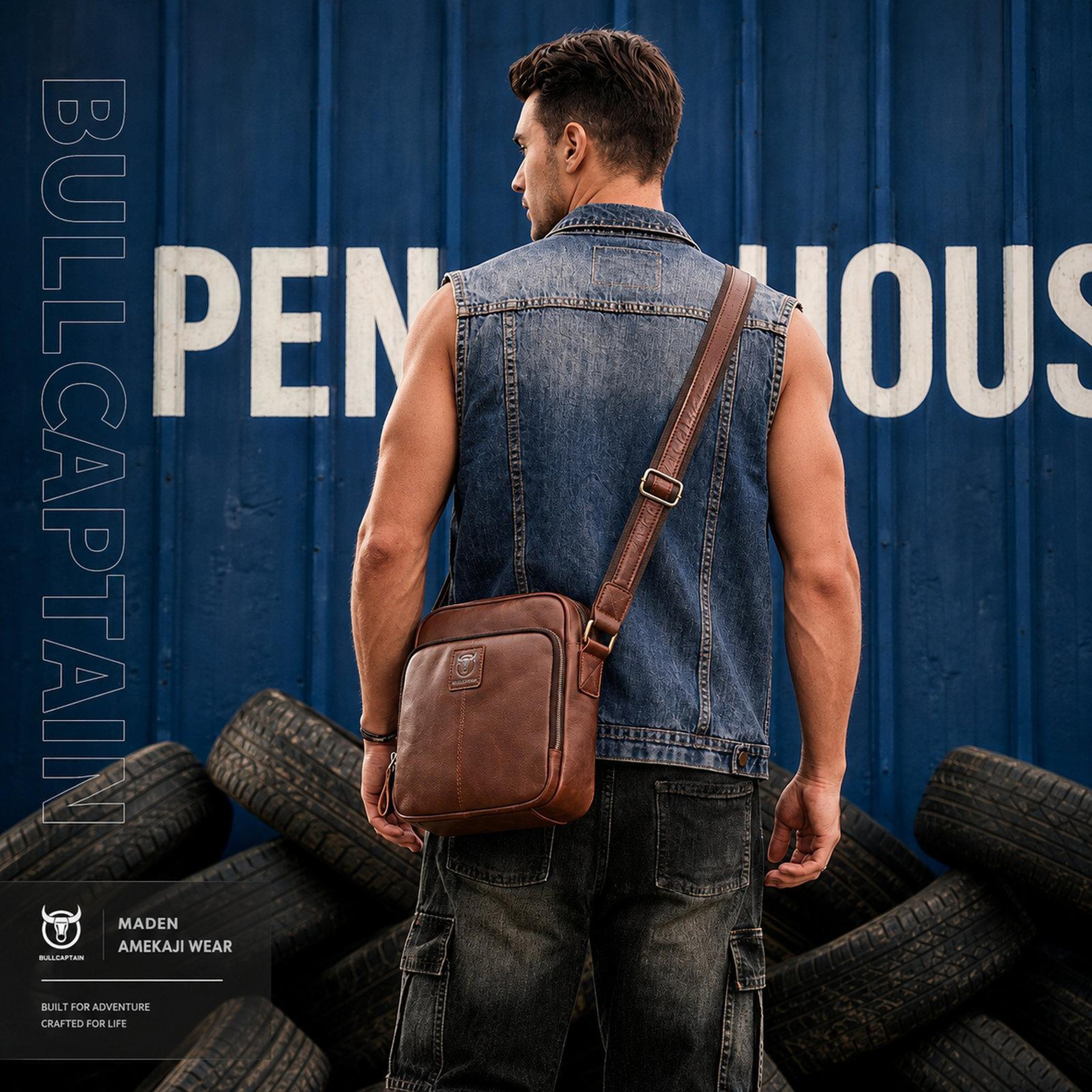 Mens Genuine Leather Crossbody Messenger Bag with Multiple Pockets Black – view 7