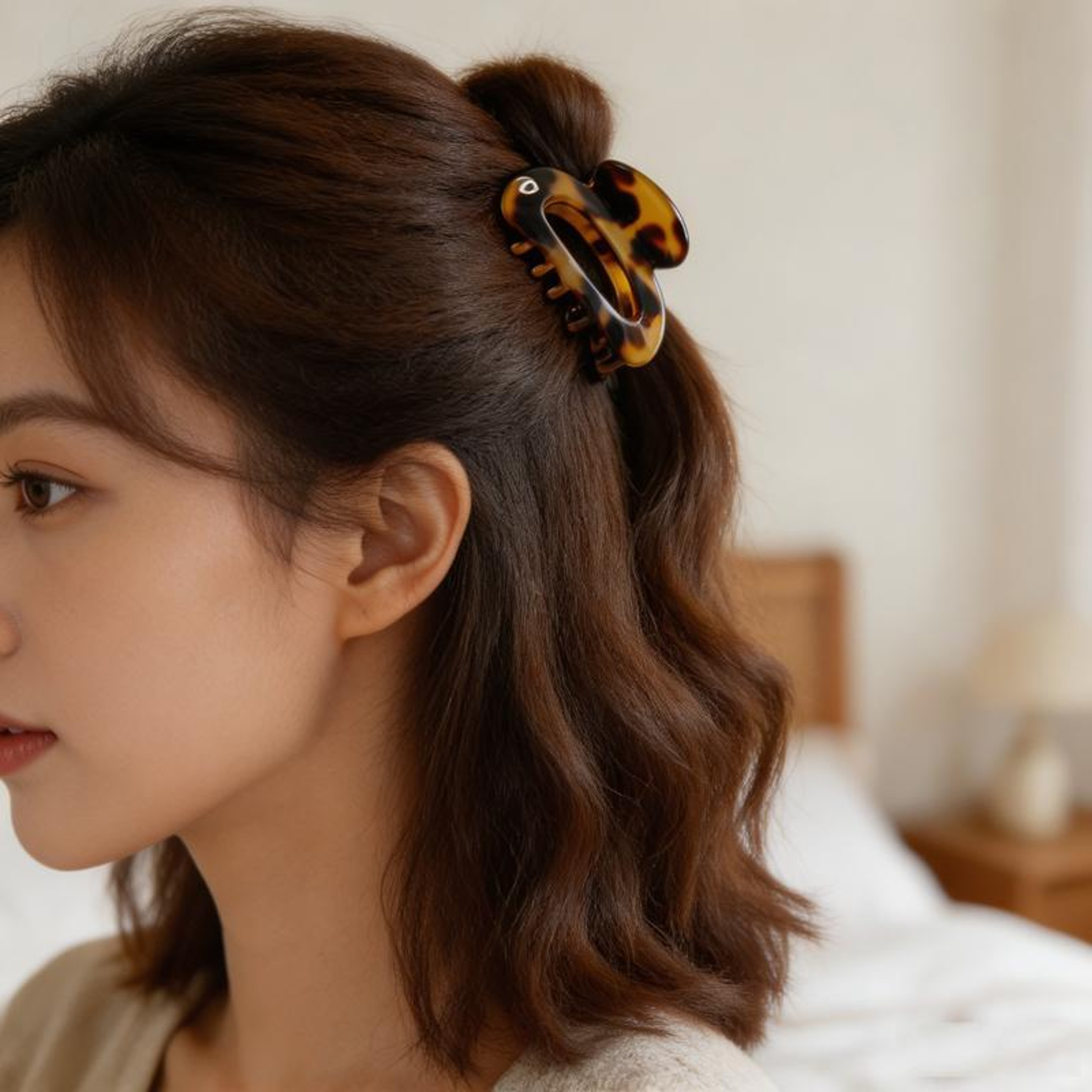 Small Tortoise Shell Acetate Hair Claw Clip with Non Slip Grip Light Leopard Print – view 4