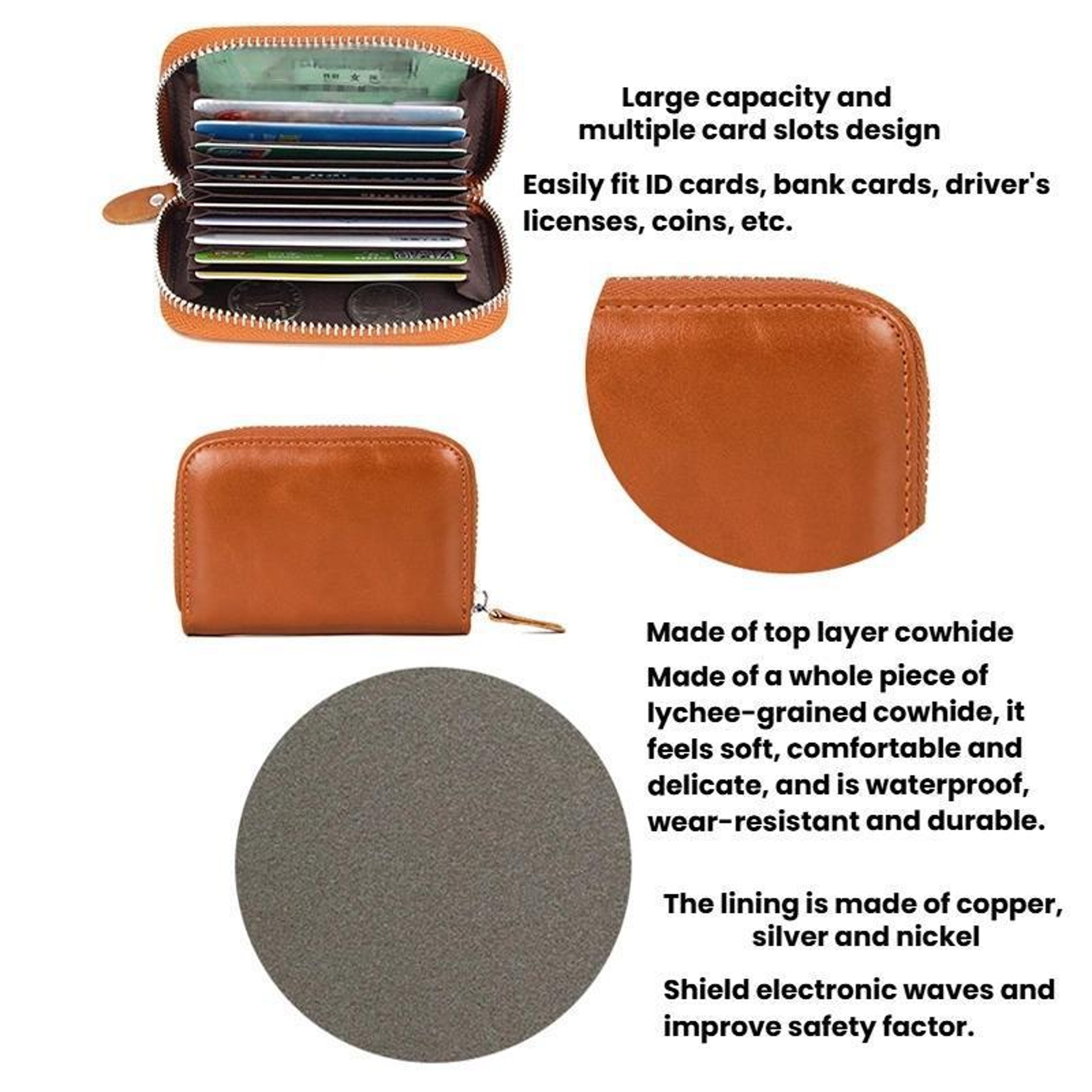 Leather RFID Blocking Accordion Card Holder with Zipper Black – view 5