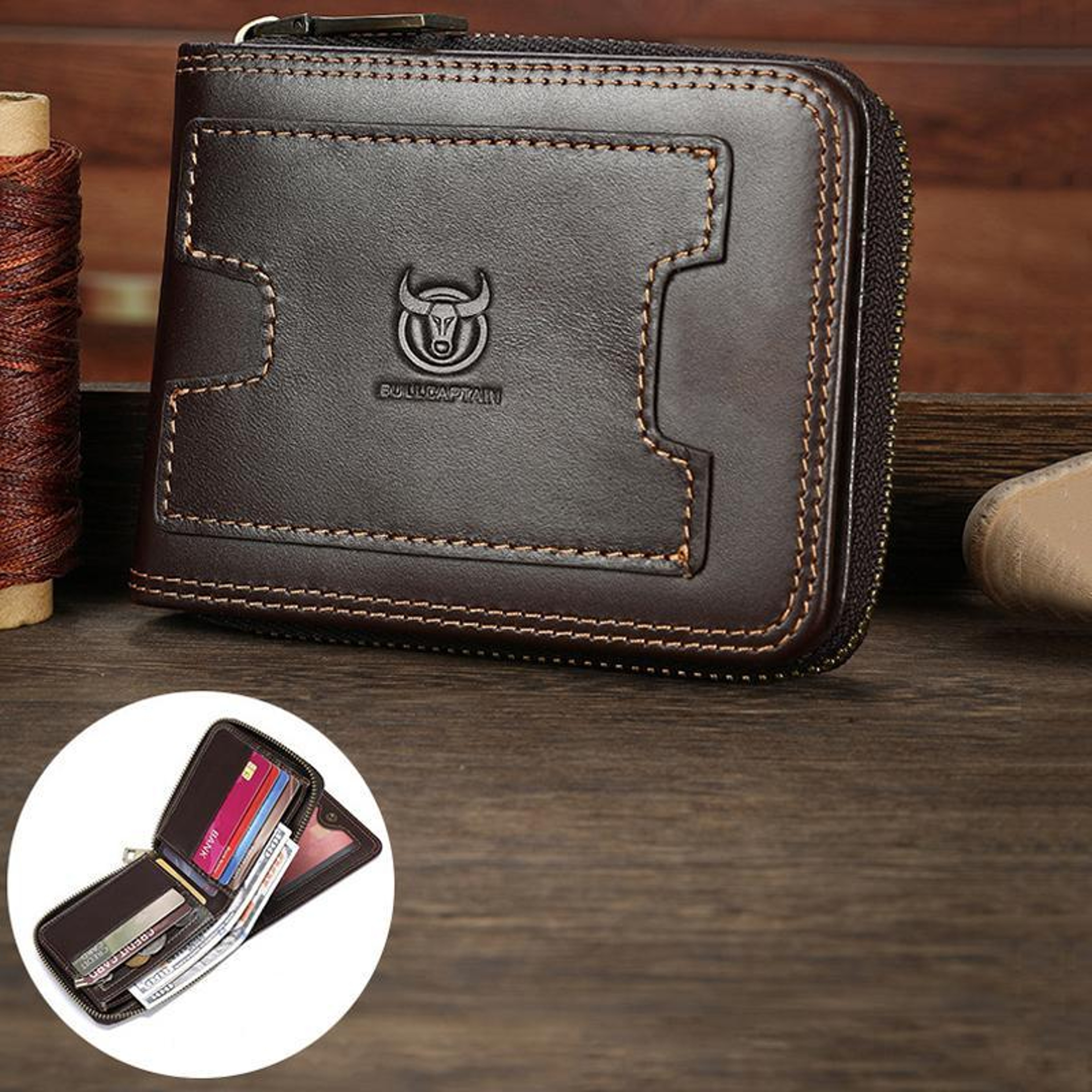 RFID Blocking Leather Bifold Wallet with Zipper and Multiple Card Slots Black – view 3
